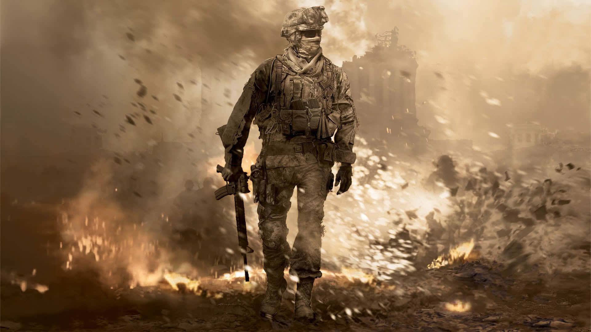War Games 桌布 壁紙 — 一名全副武裝的士兵大步走過煙霧和碎片翻騰的烈火戰場。