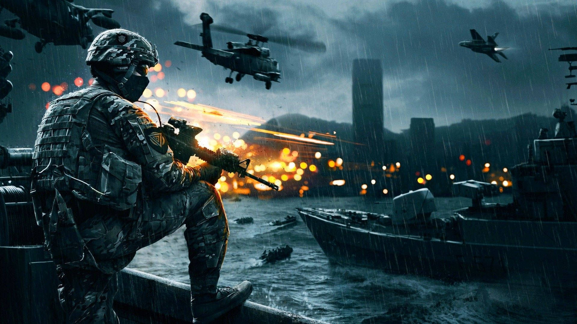 遊戲 桌布 壁紙 — 一名全副武裝的士兵從船上發射步槍，直升機和噴射機在黑暗暴風雨的天空下飛過被雨水浸透的城市。