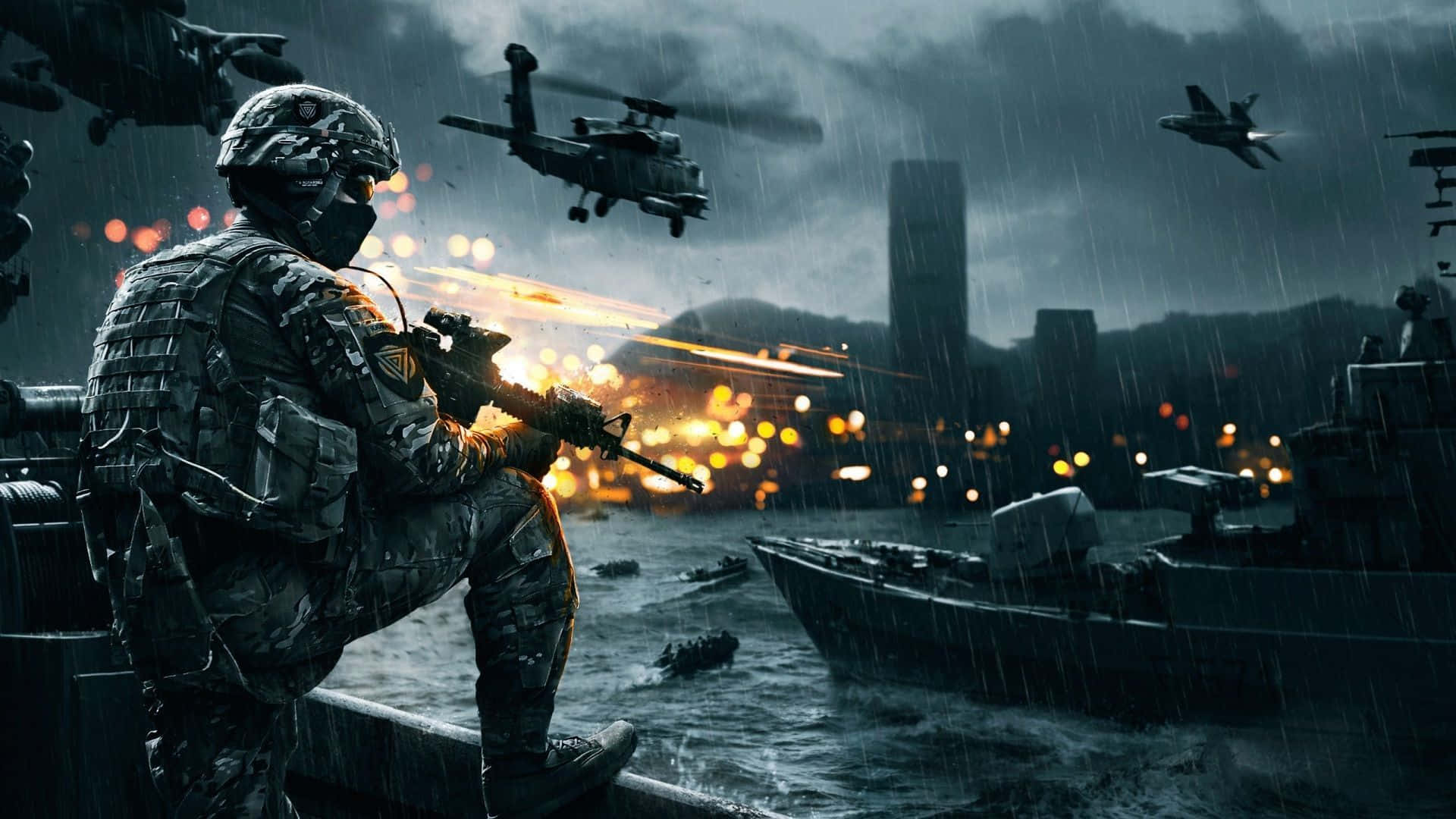 Best Laptop 桌布 壁紙 — 一名全副武裝的士兵蹲在軍艦上開槍射擊，直升機和噴射機在暴雨中的城市上空飛過，天空陰暗暴風雨。