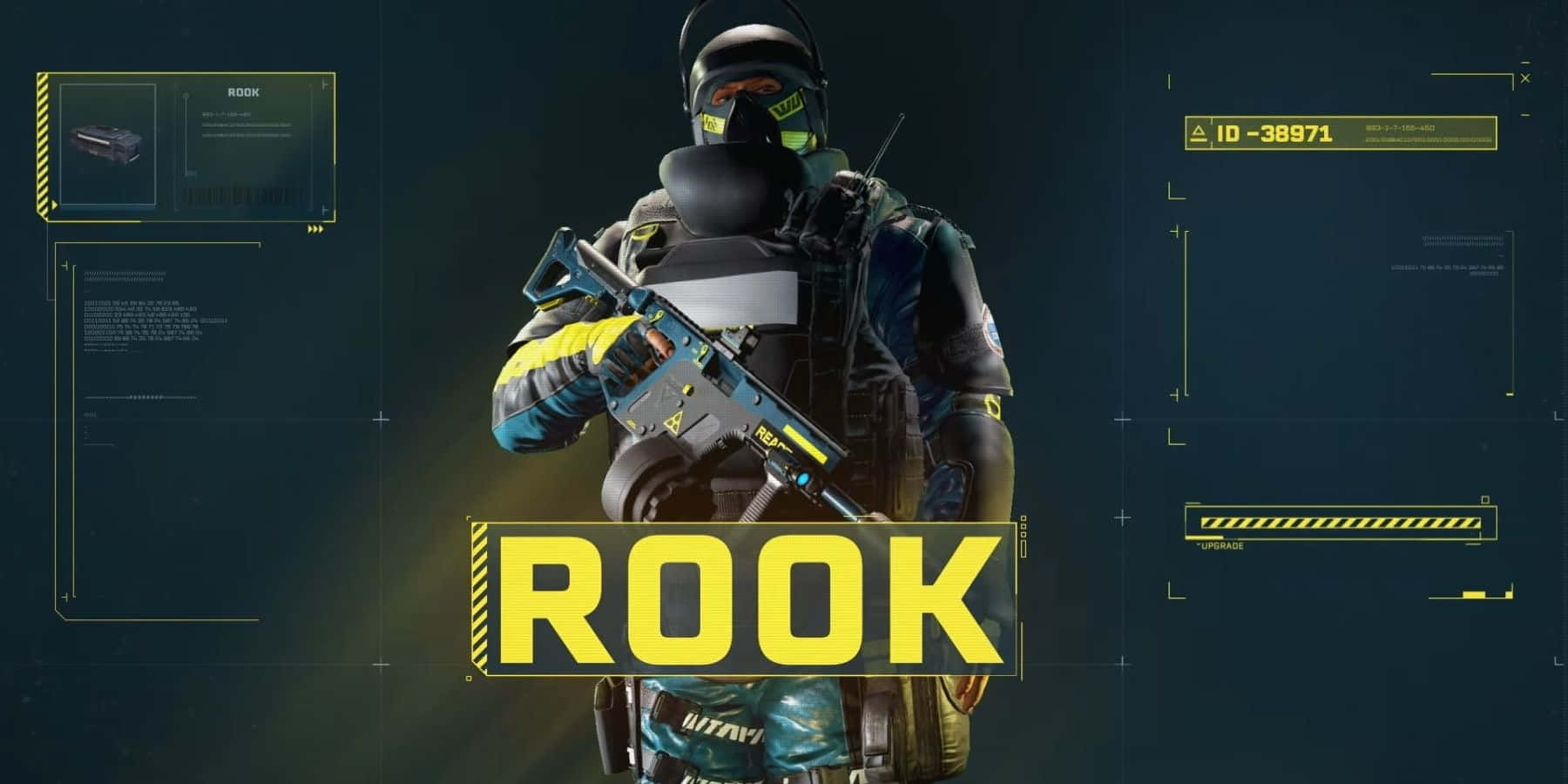Rainbow Six Siege Rook 桌布 壁紙 — 一名全副武裝的戰術士兵，在黑暗的數位介面背景下持步槍，介面上有發光的黃色HUD元素，並突出顯示名稱ROOK。