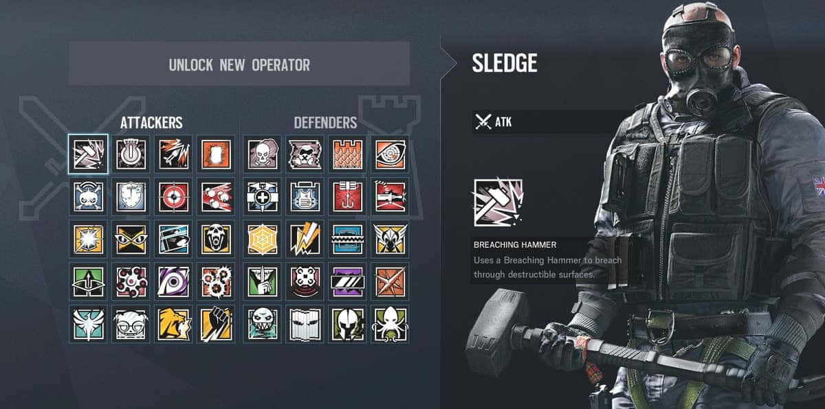 Rainbow Six Siege Sledge 桌布 壁紙 — 一名全副武裝的戰術士兵Sledge，手持破門錘，面對顯示解鎖操作員選項的深色UI。