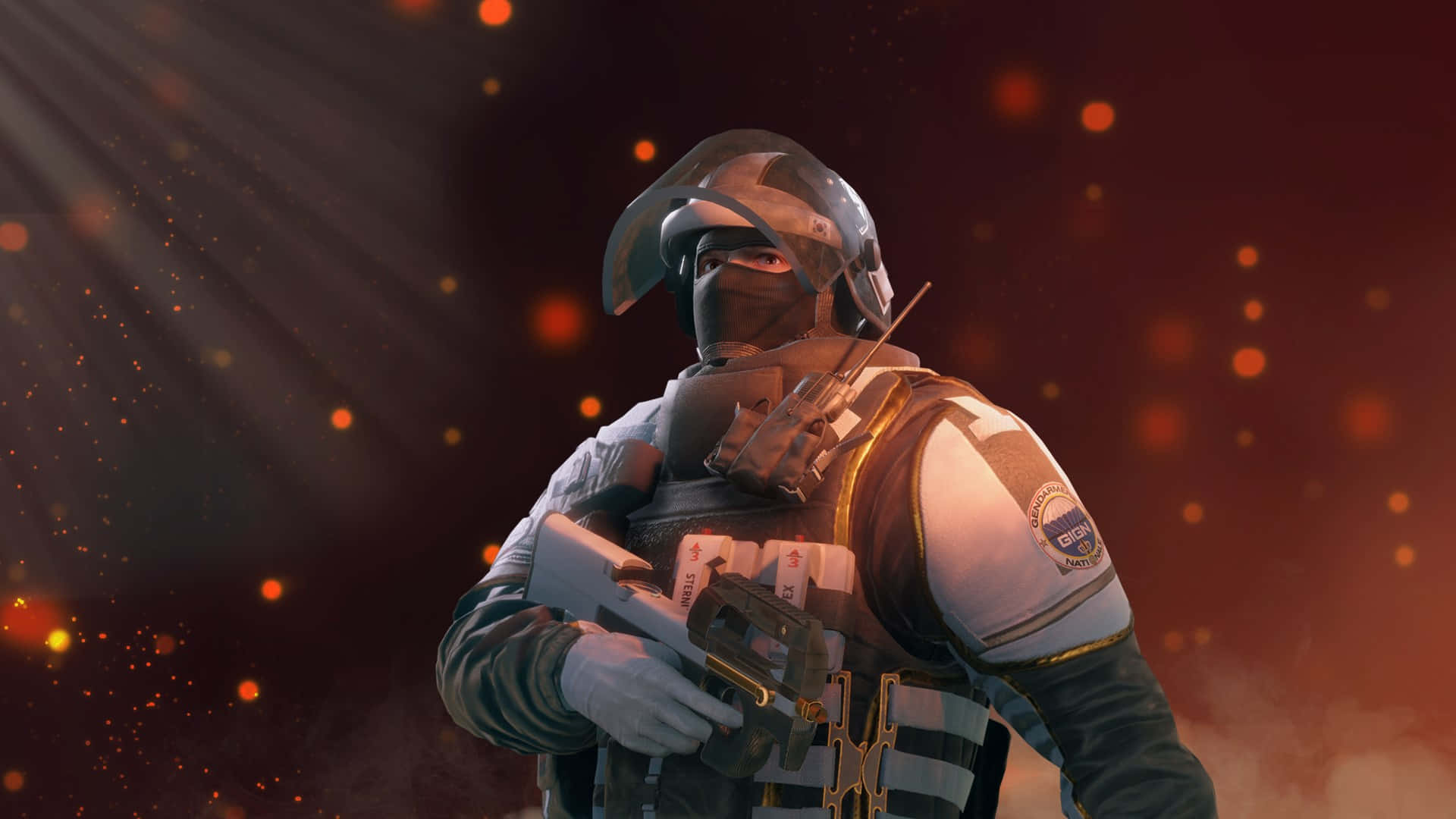 Rainbow Six Siege Doc 桌布 壁紙 — 一名全副武裝的戰術士兵在熾熱的背景、發光的餘燼和戲劇性的燈光下手持槍械。