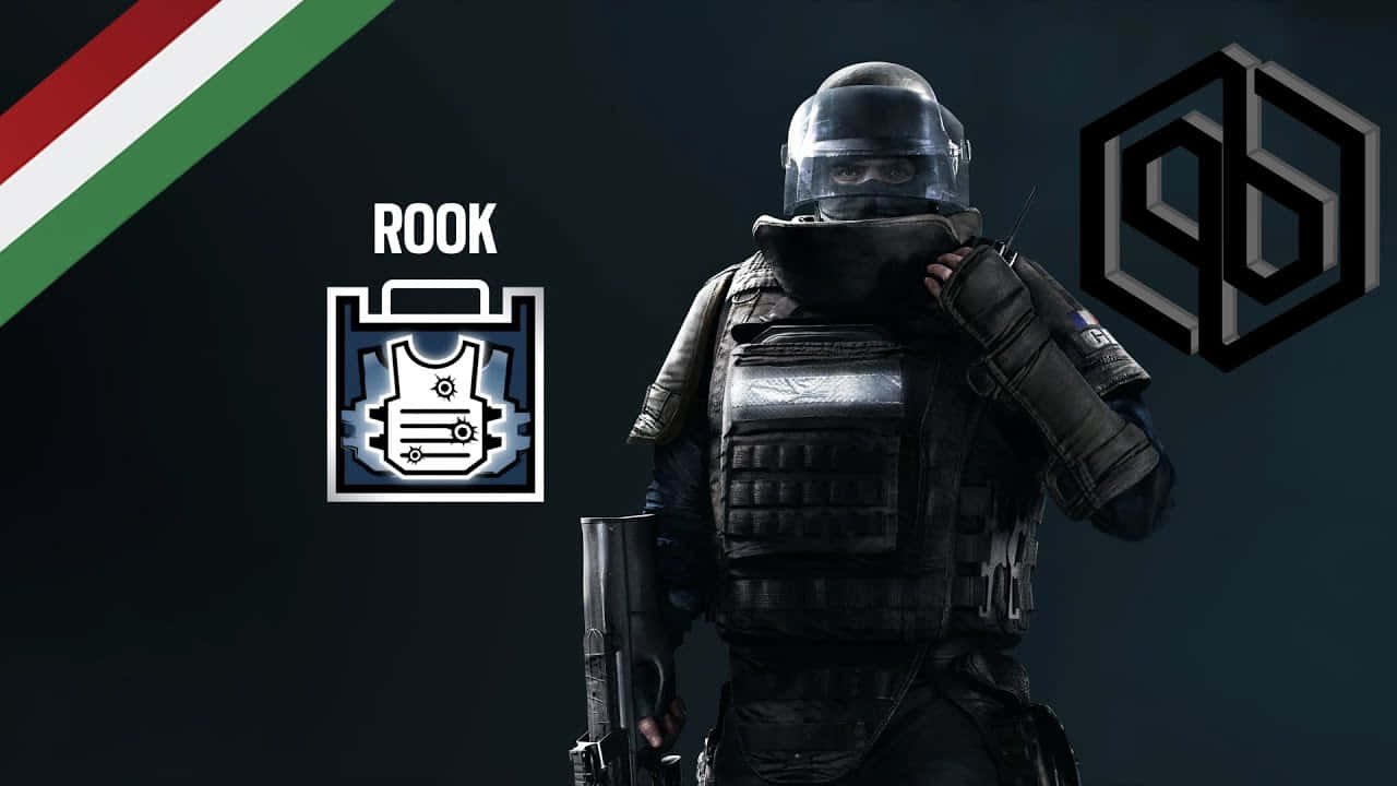 Rainbow Six Siege Rook 桌布 壁紙 — 一名全副武裝的戰術士兵站在帶有意大利國旗和標誌元素的深色背景前。