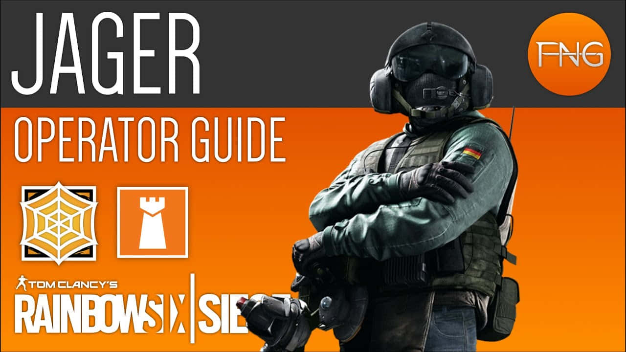 Rainbow Six Siege Jager 桌布 壁紙 — 一名全副武裝的戰術幹員自信地站在帶有遊戲品牌標誌的醒目橙色背景前。