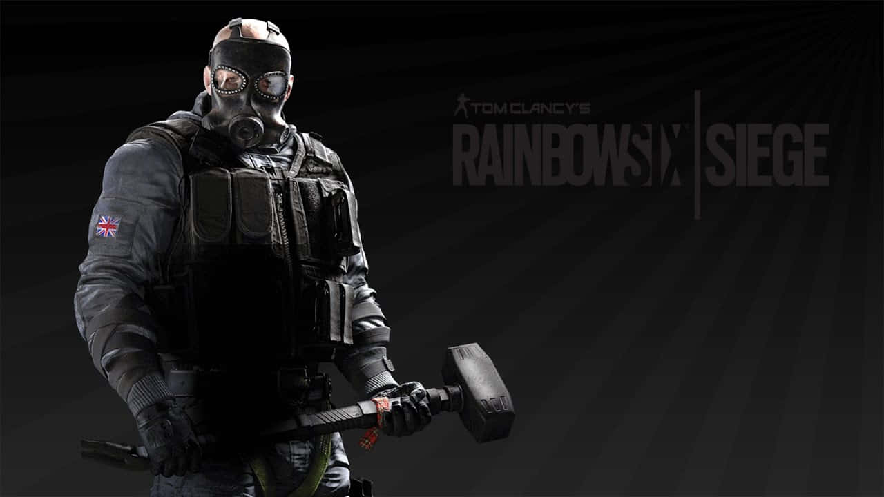 Rainbow Six Siege Sledge 桌布 壁紙 — 一名全副武裝的戰術操作員在深色漸變背景上，手持大錘，並附有遊戲標題文字。