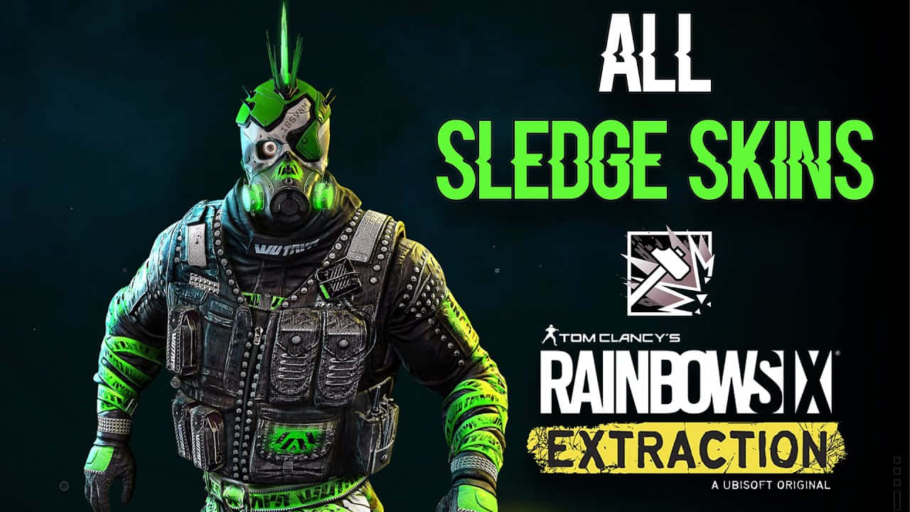 Rainbow Six Siege Sledge 桌布 壁紙 — 一名全副武裝的操作員身穿發光綠色戰術裝備，站在深色背景前，帶有粗體遊戲標題文字。