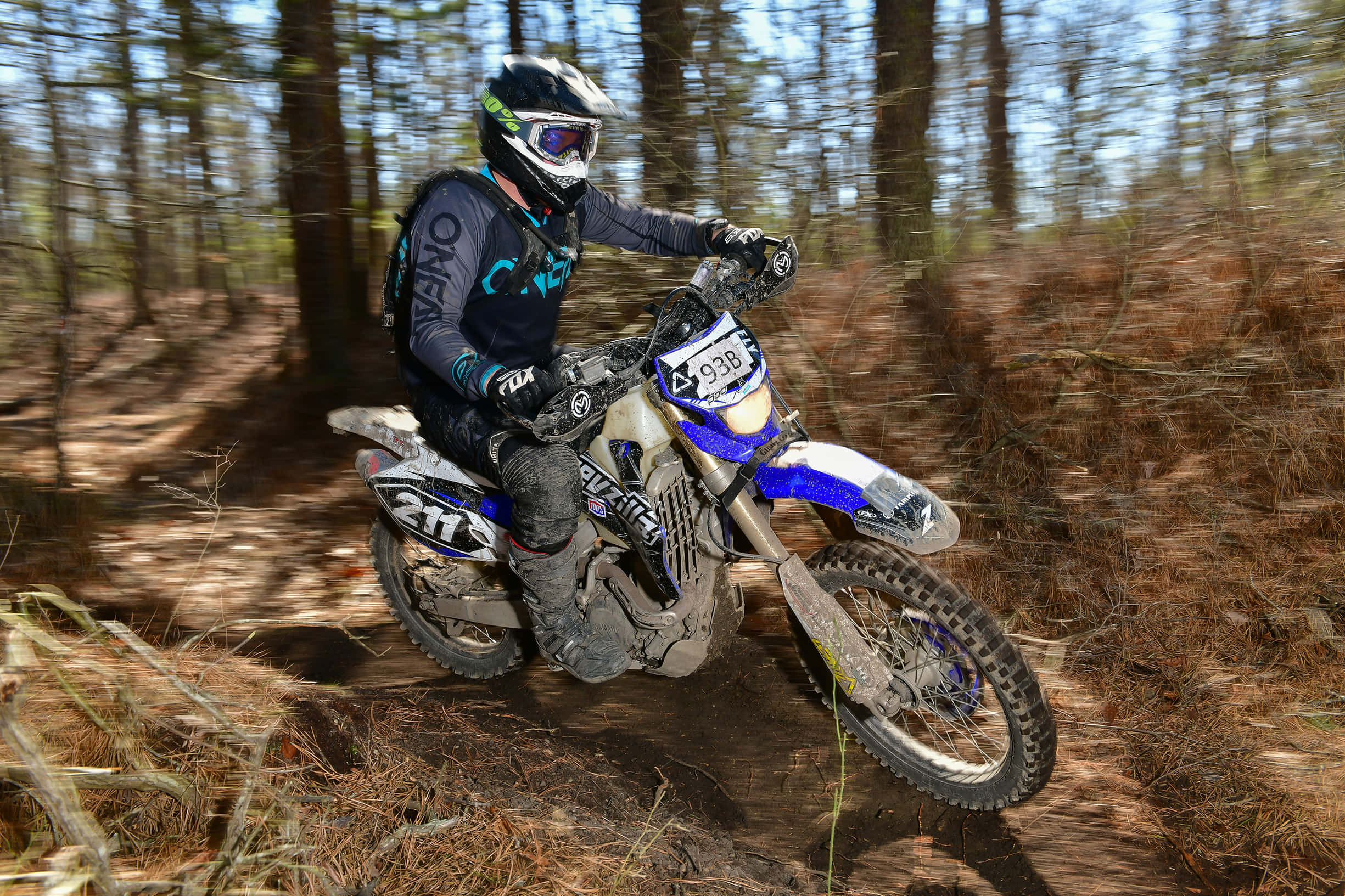 Dirtbike 桌布 壁紙 — 一名全副裝備的越野電單車手，在陽光明媚的森林小徑上，騎著藍白相間的泥地電單車飛馳，揚起塵土。
