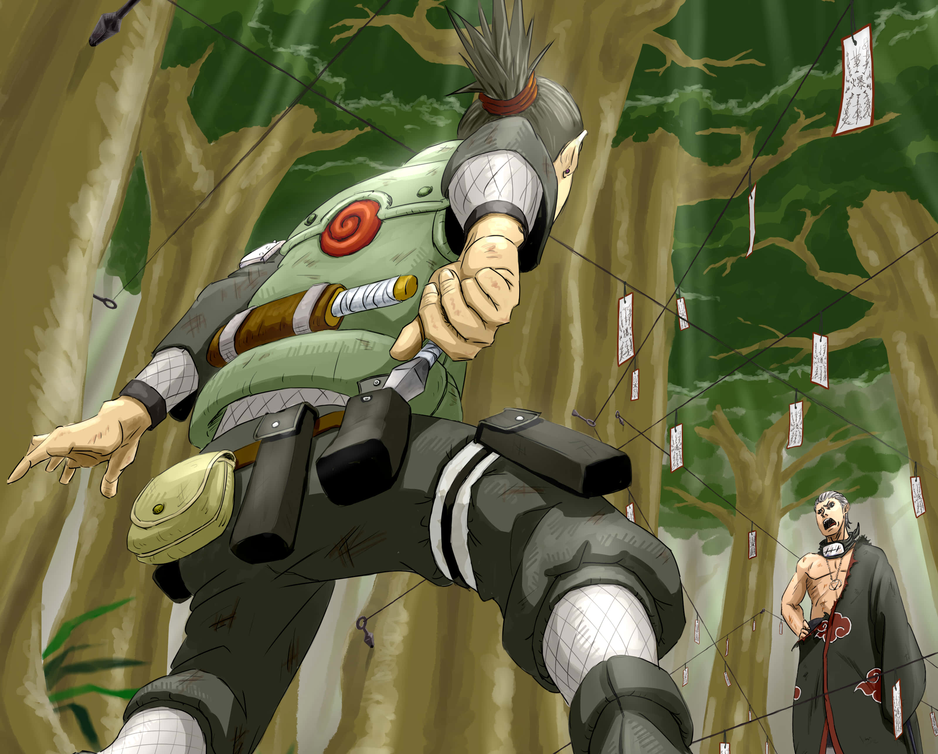 Shikamaru Nara 桌布 壁紙 — 一名動漫忍者手持苦無跳躍穿過森林，另一名忍者在下方觀看。