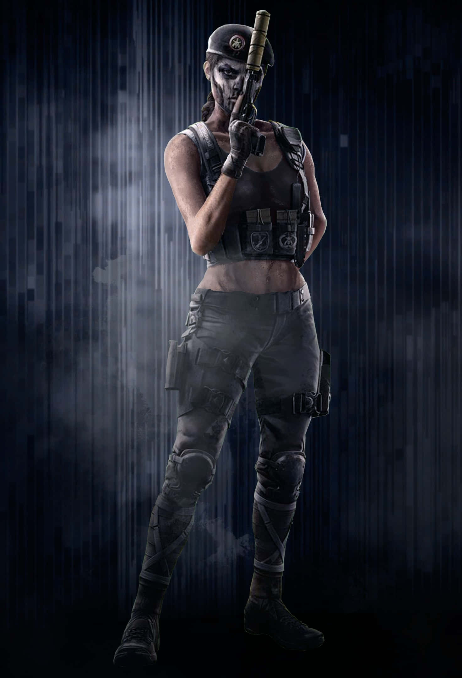 Rainbow Six Siege Caveira 桌布 壁紙 — 一名化著骷髏妝的女兵在黑暗下雨的城市小巷中，在戲劇性的燈光下拿著消音手槍。