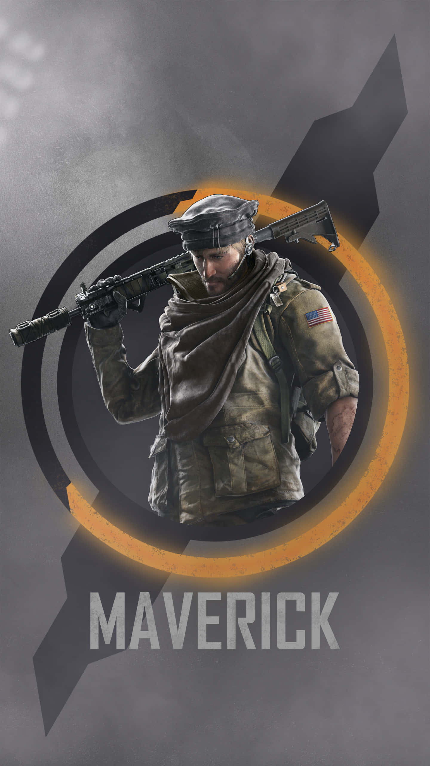 Rainbow Six Siege Maverick 桌布 壁紙 — 一名名叫 Maverick 的粗獷士兵站在黑暗煙霧彌漫的環境中，手持步槍，身後有一個橙色發光的圓形標誌。