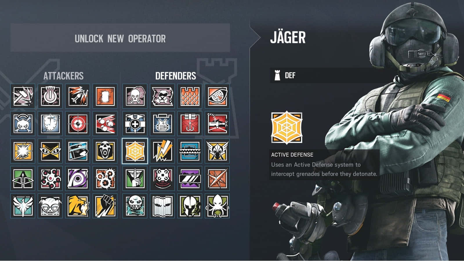 Rainbow Six Siege Jager 桌布 壁紙 — 一名名為Jäger的戰術士兵交叉雙臂站立，遊戲介面顯示攻擊者和防守者幹員圖示。