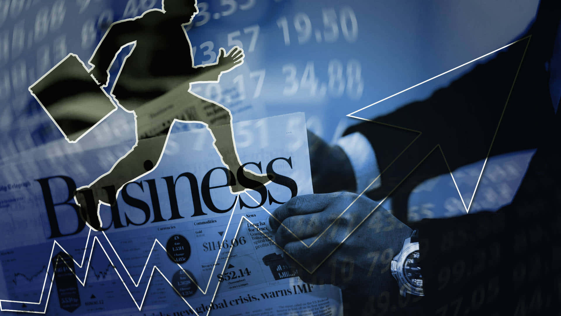 Forex 桌布 壁紙 — 一名商人的手拿著報紙，一個奔跑的剪影和股票圖表疊加在藍色金融數據背景上。