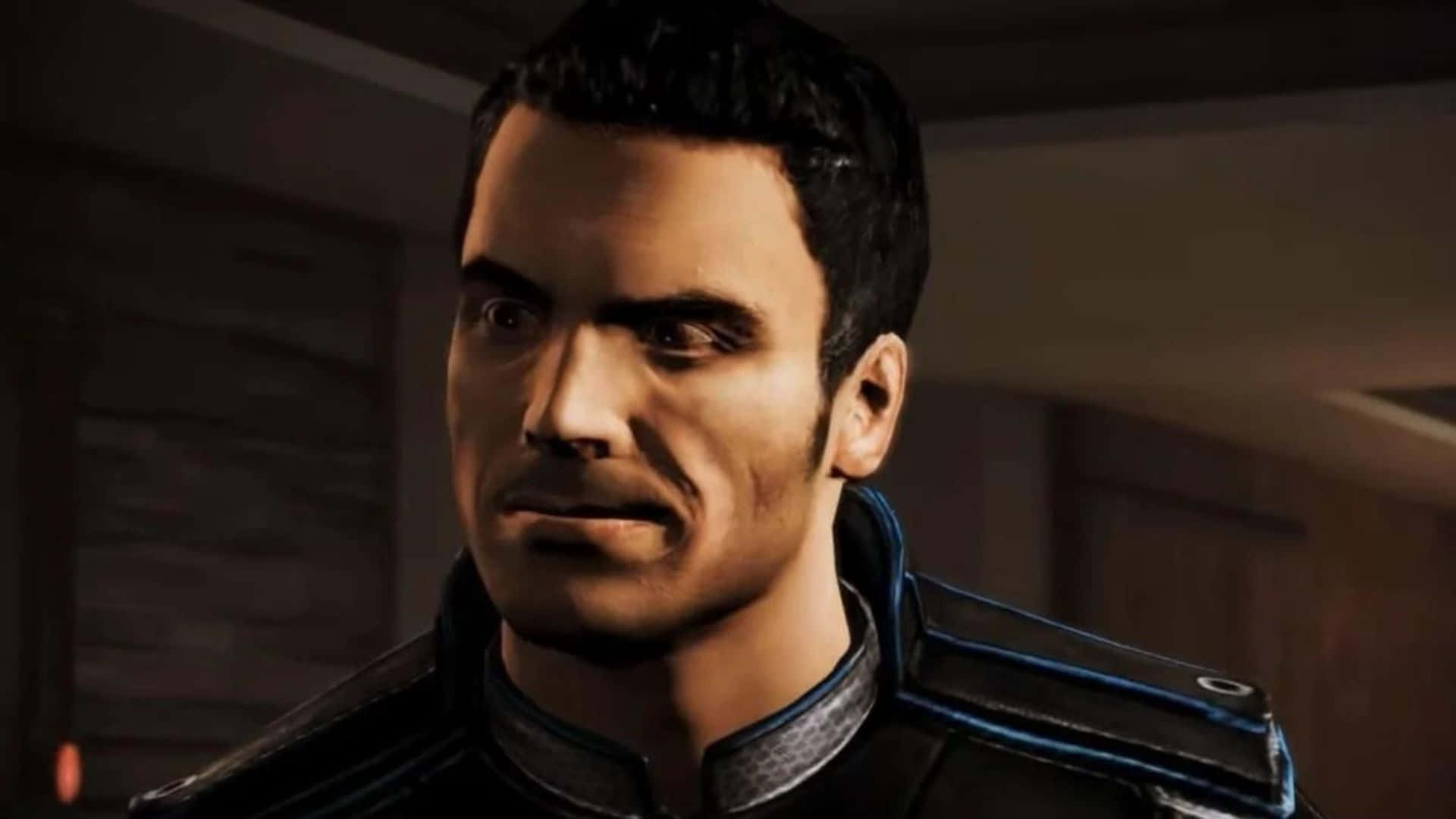 Kaidan Alenko 桌布 壁紙 — 一名嚴肅男子身穿未來感黑藍色制服的特寫，背景為昏暗的室內環境。