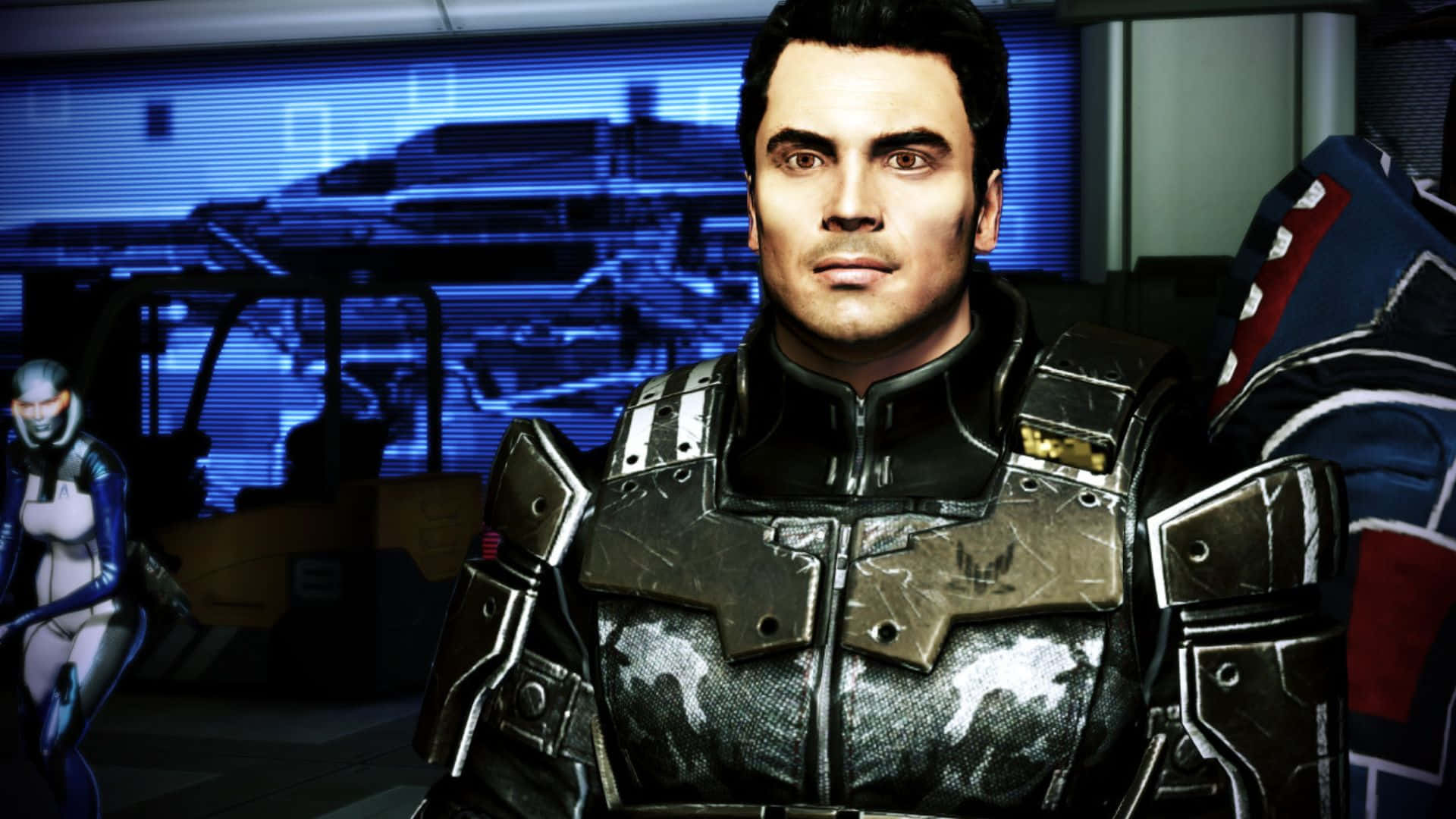 Kaidan Alenko 桌布 壁紙 — 一名嚴肅的士兵穿著精細的盔甲，站在一個配備發光藍色屏幕和未來主義設備的高科技指揮中心。