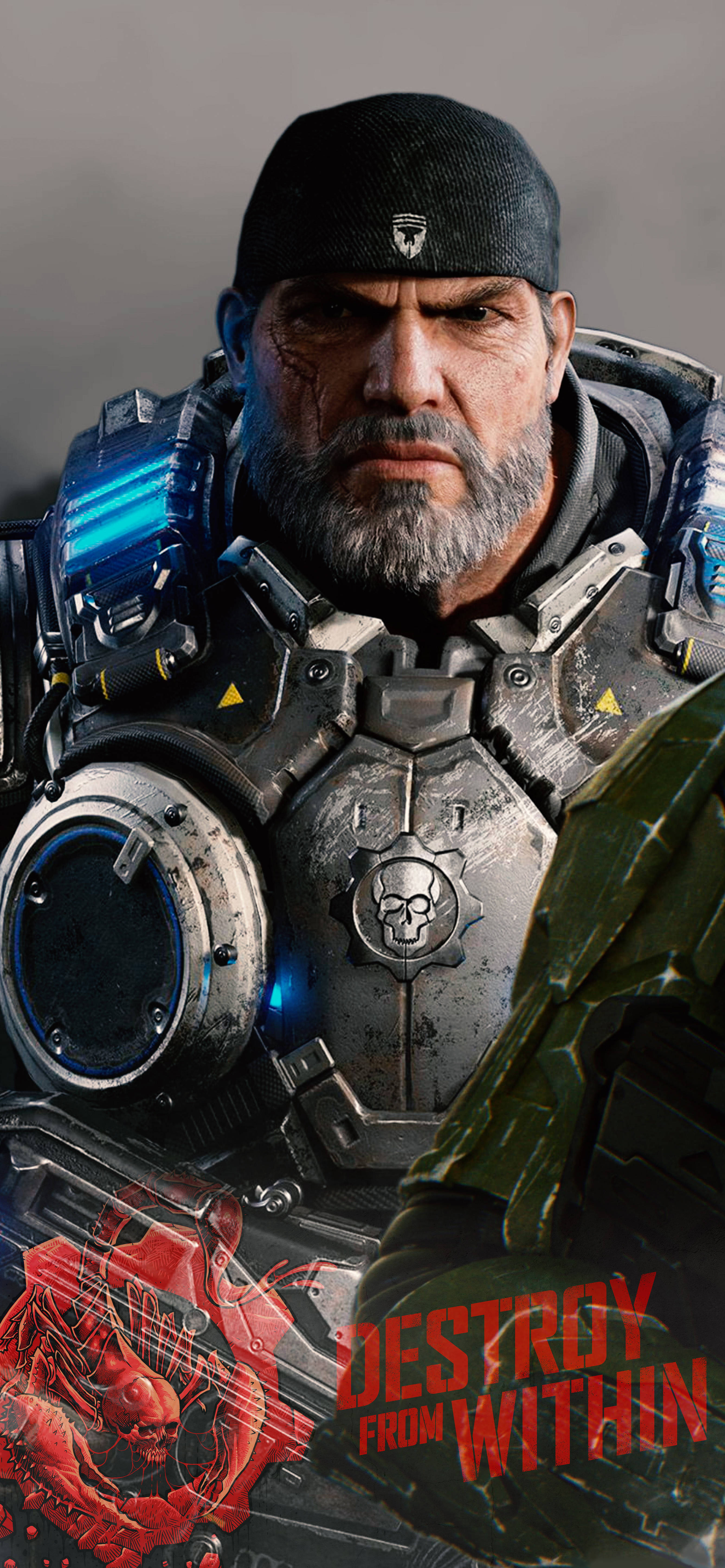 gears 5 iPhone 桌布 壁紙 — 一名嚴肅的士兵身穿重甲，帶有發光的藍色點綴和骷髏標誌，在柔和的灰色背景下強烈凝視。