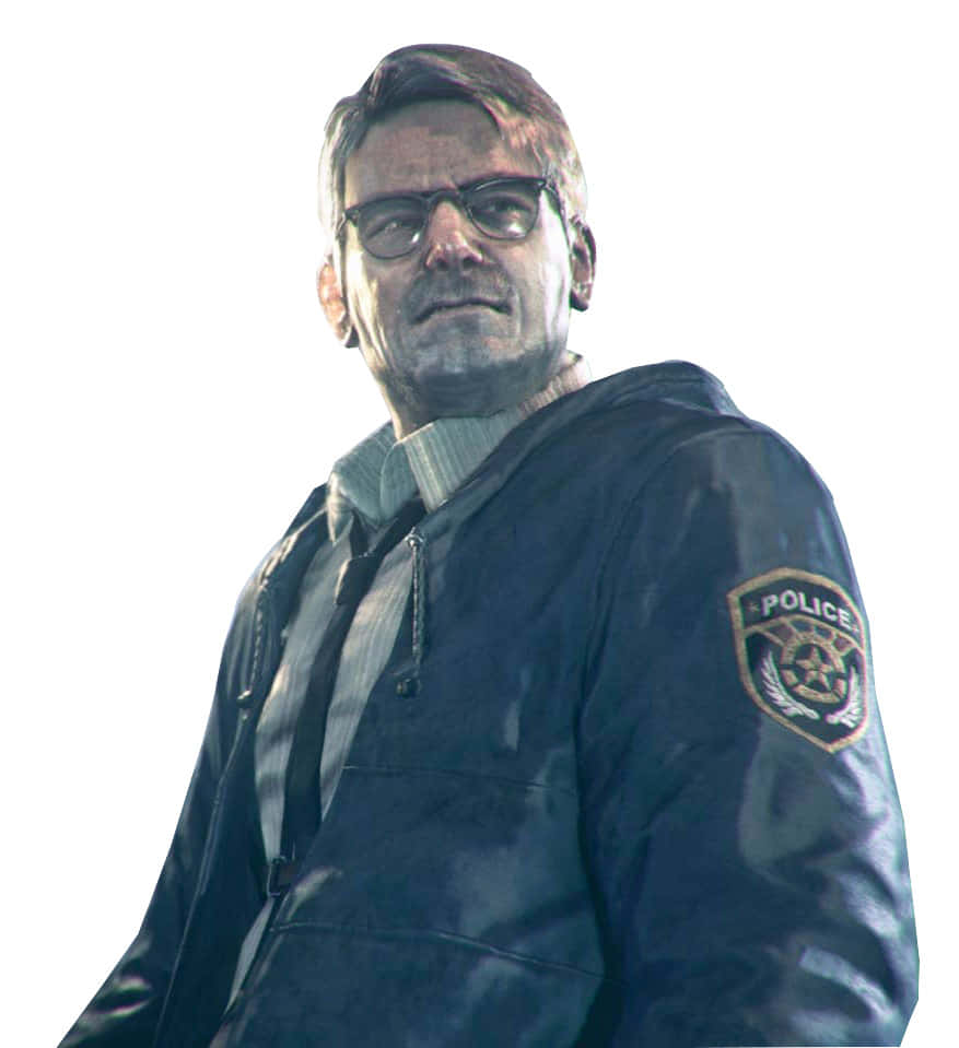 Commissioner Gordon 桌布 壁紙 — 一名嚴肅的警察穿著深色外套，帶有徽章，在明亮的白色背景下專注地凝視。