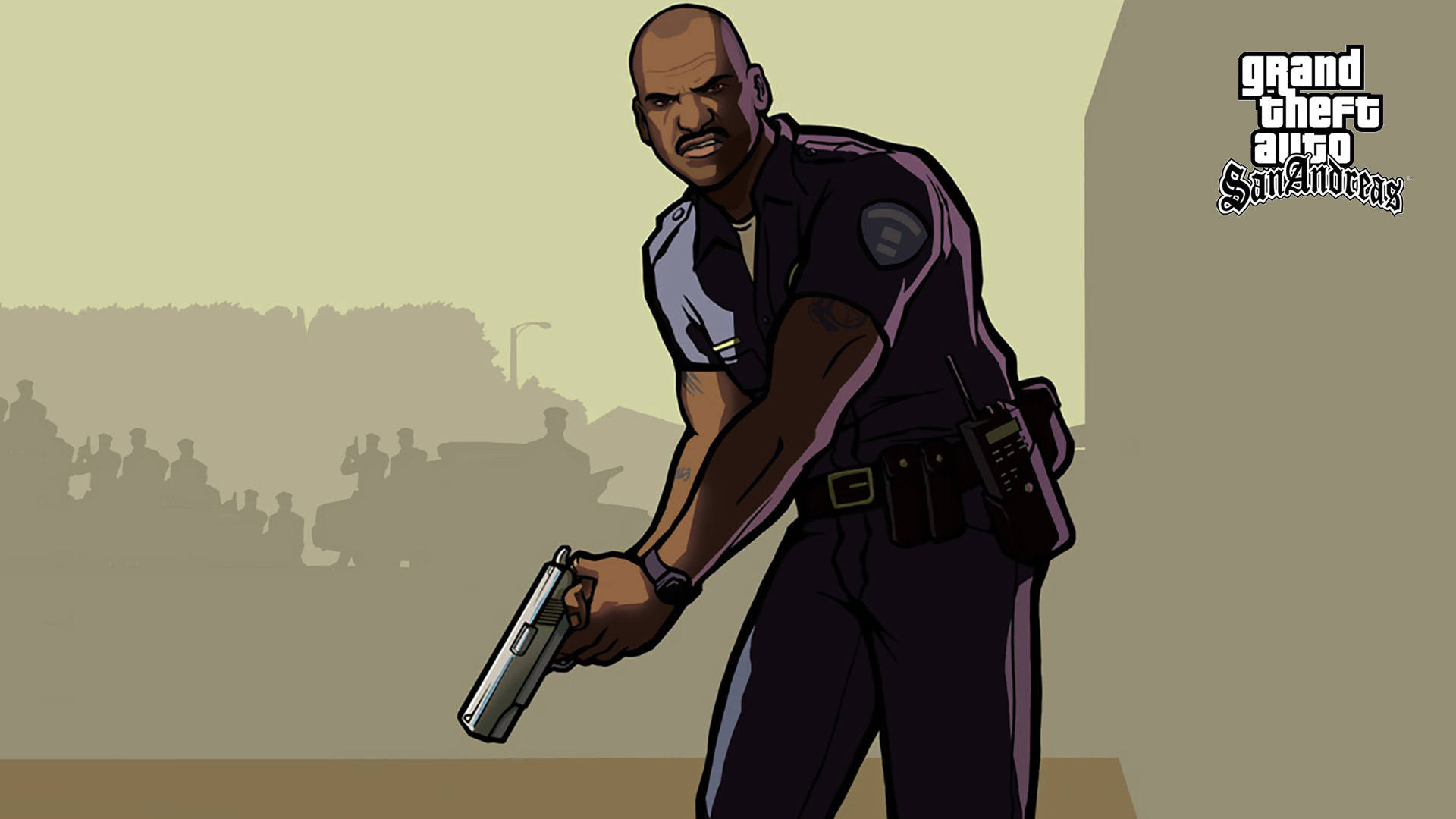 警察在 GTA San Andreas 遊戲場景中瞄準手槍。 — 警察 GIF 壁紙