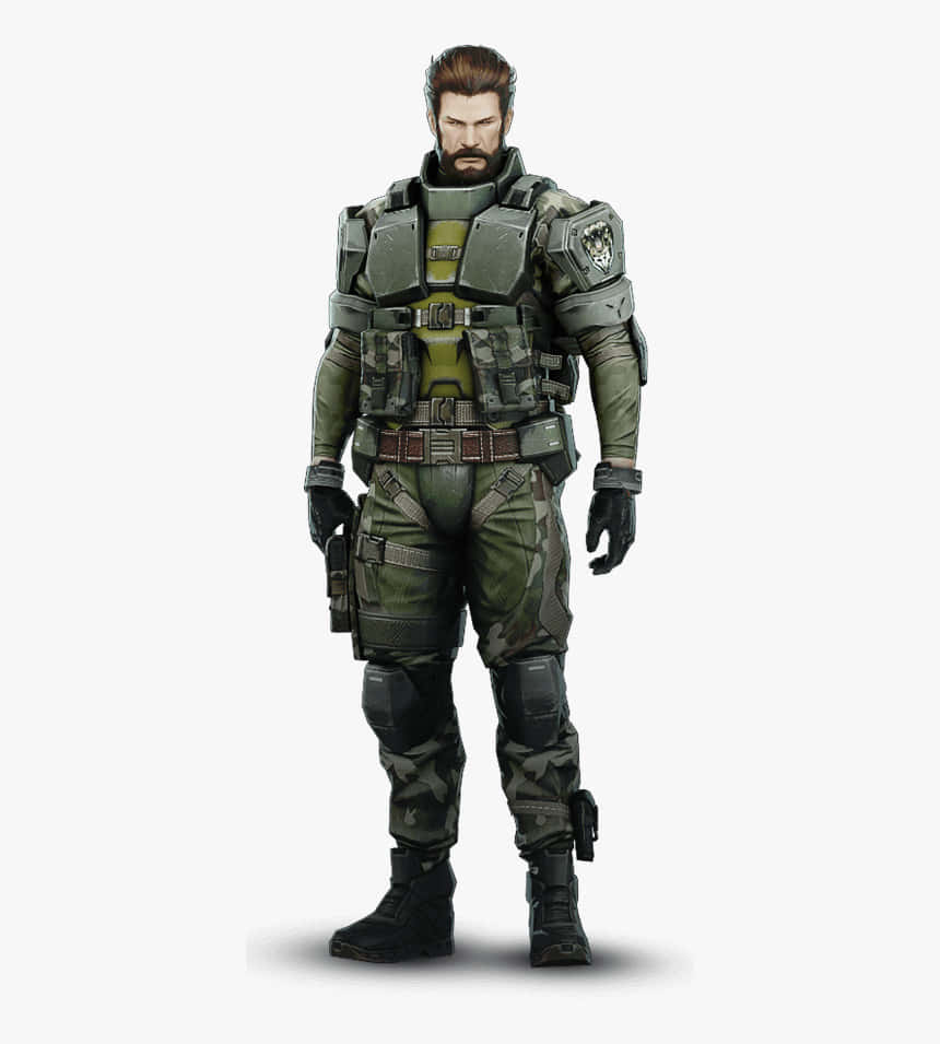 Ghost In The Shell Ishikawa 桌布 壁紙 — 一名嚴肅的鬍鬚士兵身穿全套戰術裝備，在素色背景前擺出姿勢。