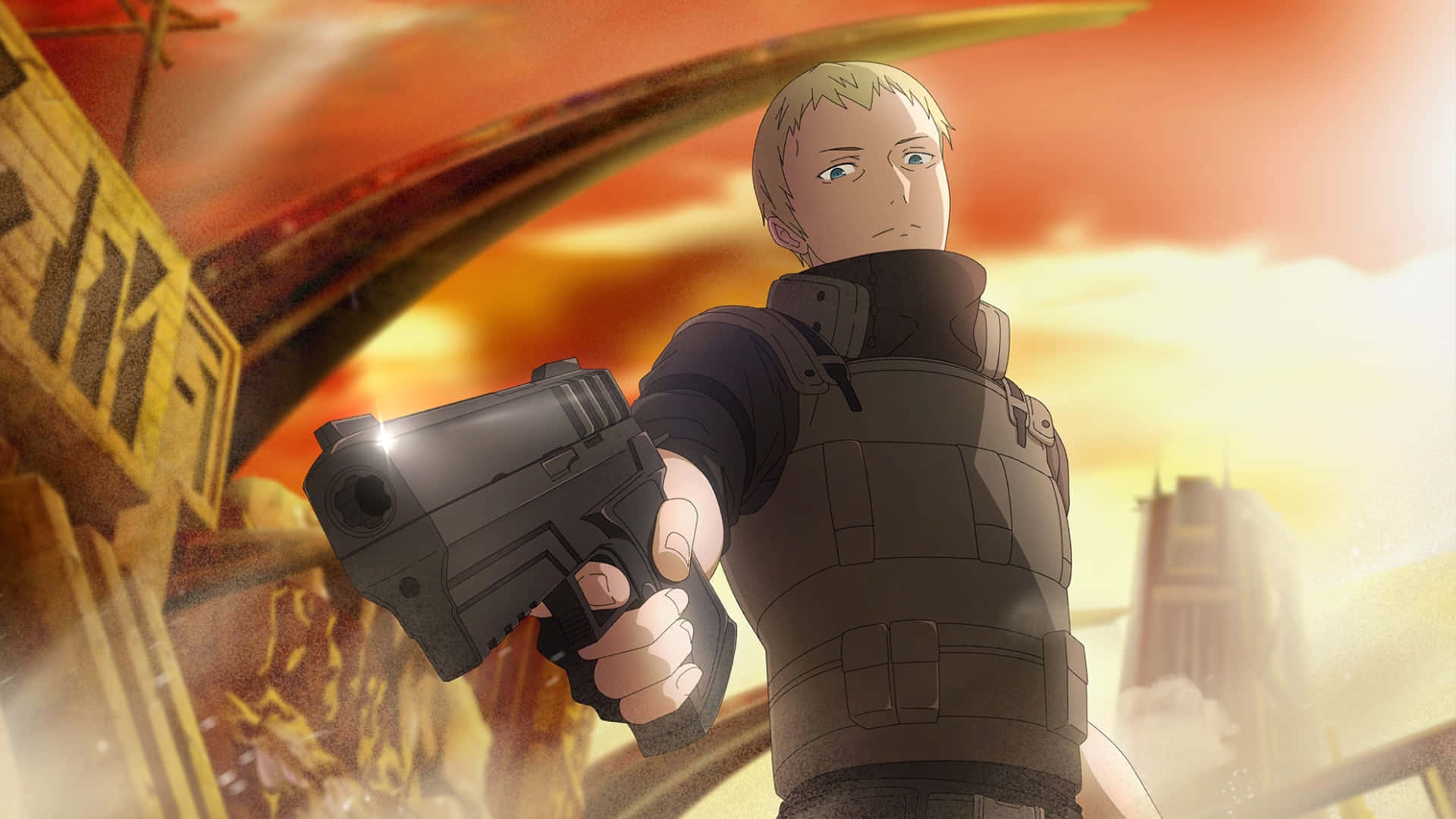 Sword Art Online Gabriel Miller 桌布 壁紙 — 一名堅定的動漫士兵身穿戰術裝備，在熾熱的日落背景下瞄準手槍，周圍是崩塌的城市廢墟。