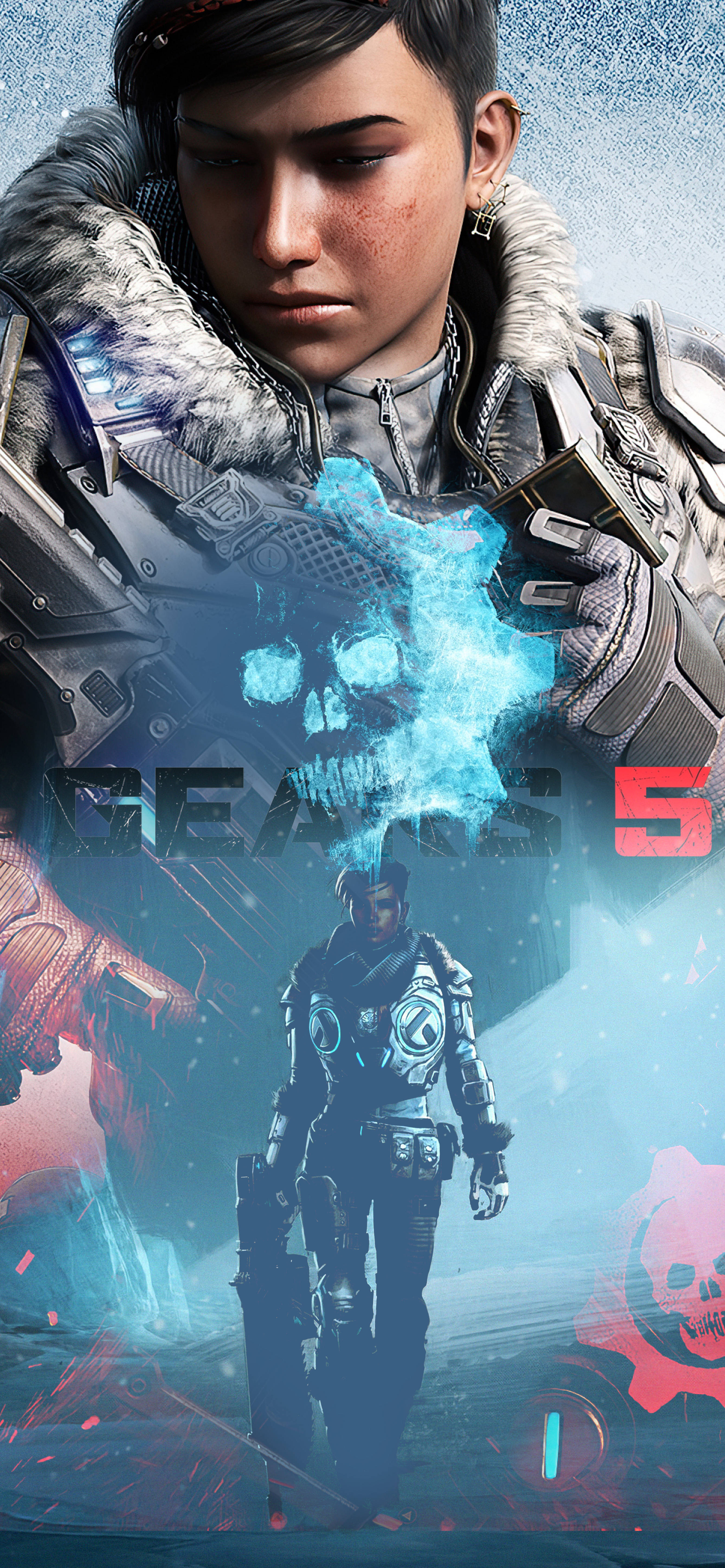 gears 5 iPhone 桌布 壁紙 — 一名堅定的士兵穿著未來主義盔甲，站在發光藍色骷髏標誌前，背景冰冷。