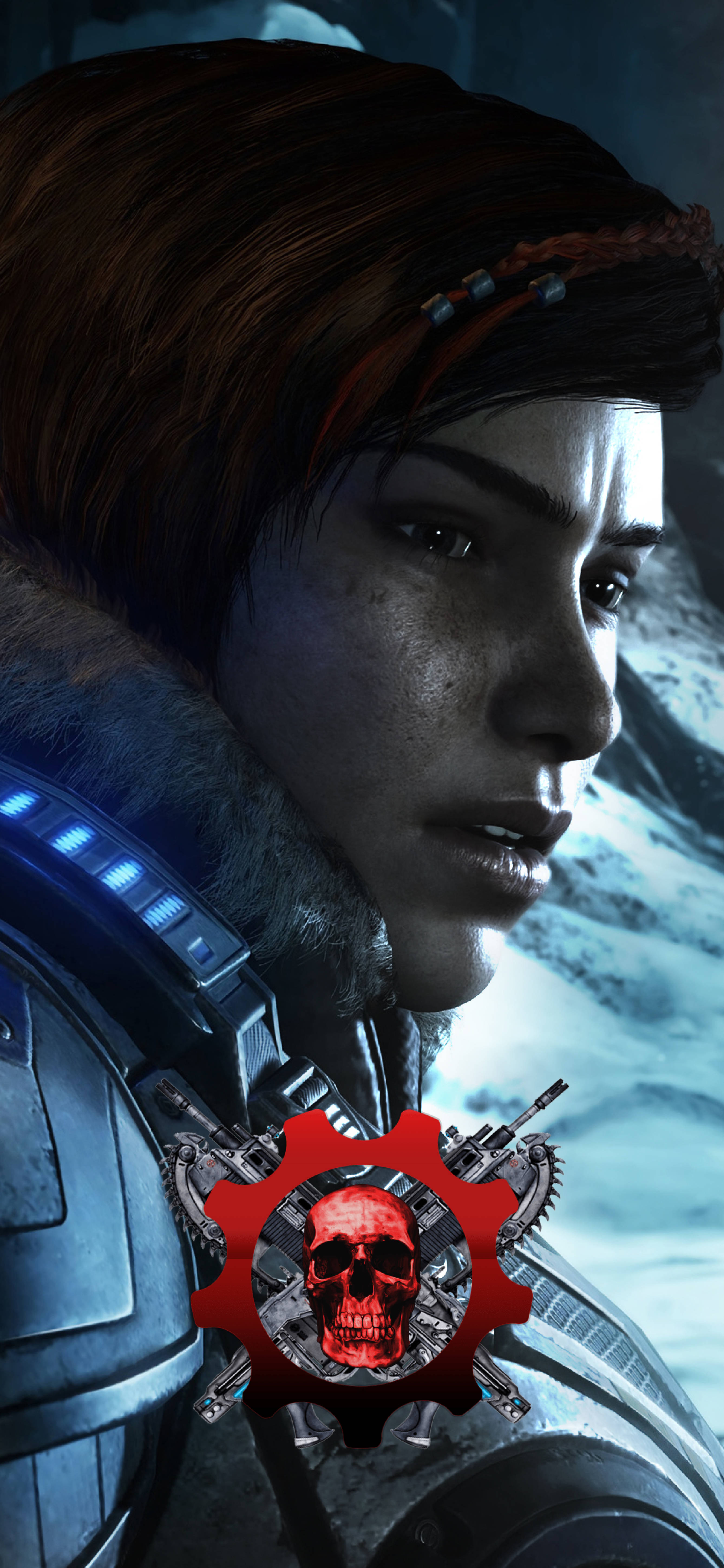 gears 5 iPhone 桌布 壁紙 — 一名堅定的女兵穿著未來裝甲，背景是雪山，帶有發光的紅色骷髏標誌的特寫。