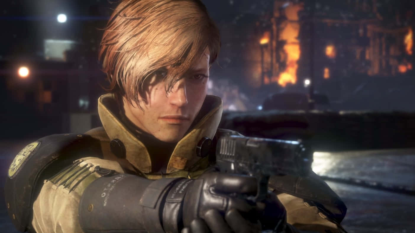 Metal Gear Solid Characters 桌布 壁紙 — 一名堅定的女兵身穿戰術裝備，在白雪覆蓋的城市背景和燃燒的建築物前，用手槍瞄準觀眾。