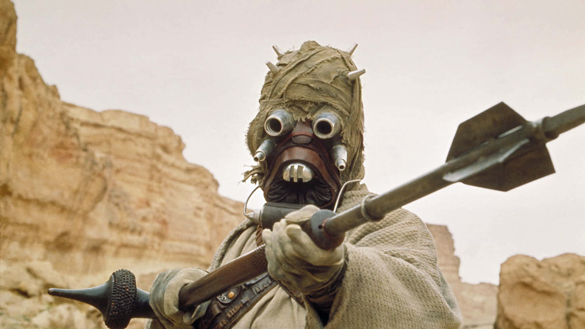 Tusken Raiders 桌布 壁紙 — 一名塔斯肯襲擊者站在沙漠峽谷中，手持長矛狀武器，目光兇狠。