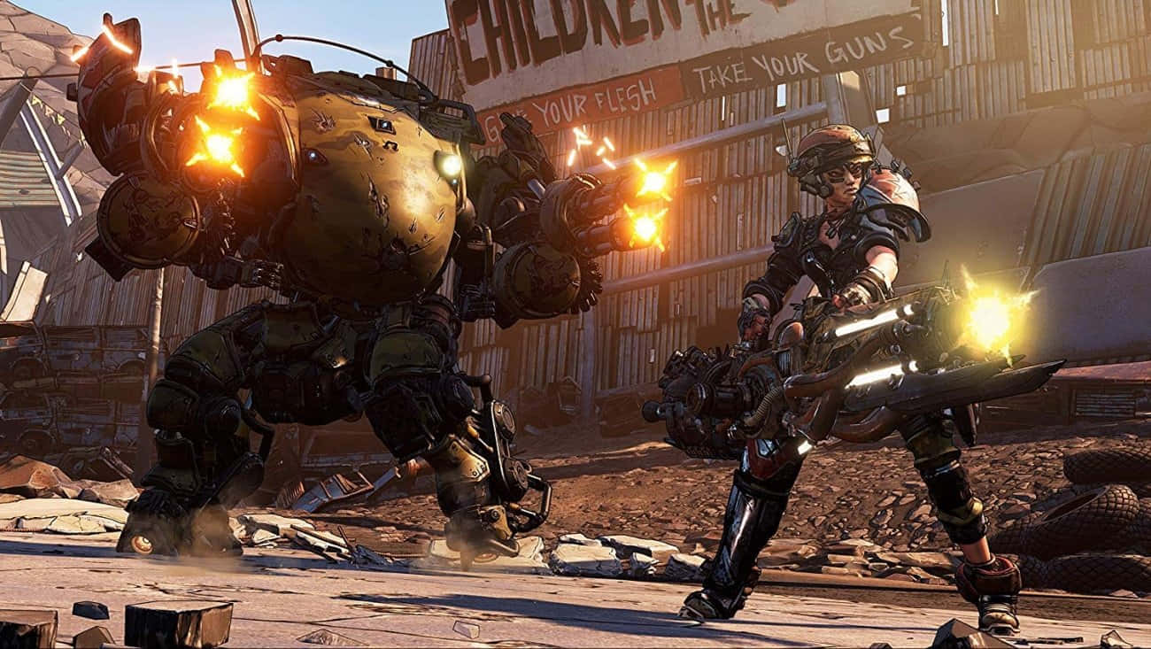 Borderlands Characters 桌布 壁紙 — 一名士兵和一個巨大的發光機甲在明亮的日光下於廢墟城市荒地中戰鬥。
