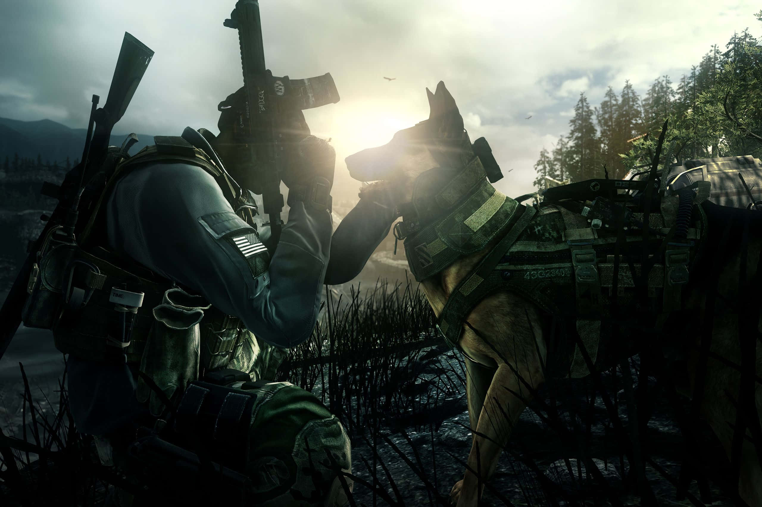 Call Of Duty Ghosts 桌布 壁紙 — 一名士兵和他的軍犬身穿戰術裝備，在陽光穿透風暴雲層照耀沼澤戰場之際，分享著聯繫的時刻。