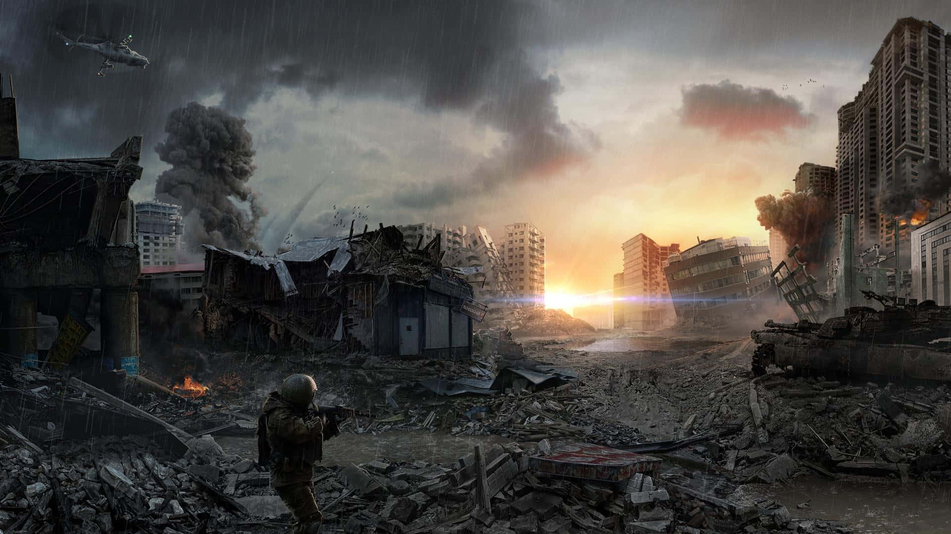 Apocalypse 桌布 壁紙 — 一名士兵在佈滿瓦礫的城市街道中穿行，爆炸和煙霧在熾熱的夕陽天空下升起。