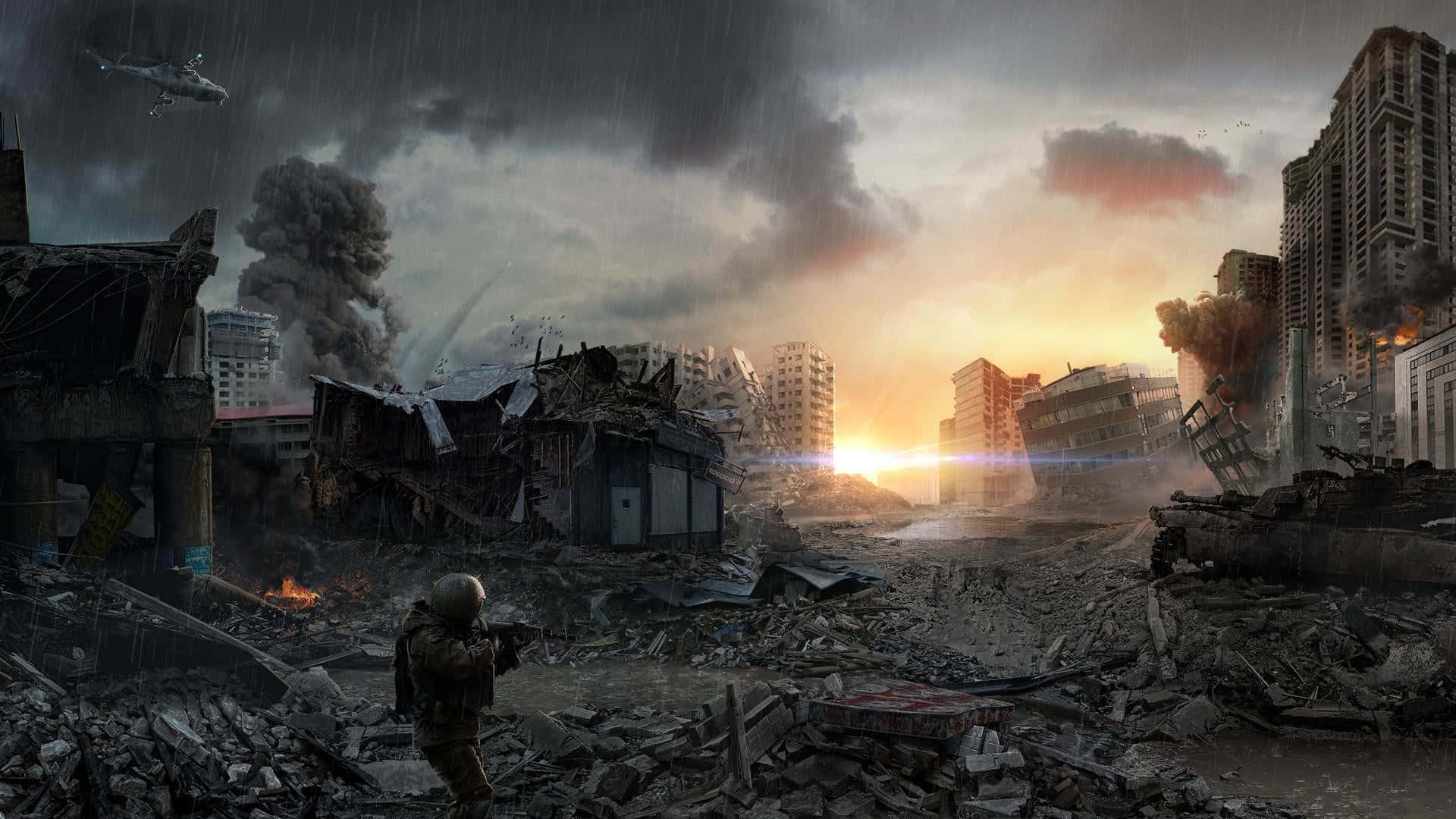 Fallout 4 Wasteland 桌布 壁紙 — 一名士兵在夕陽下穿過滿佈瓦礫的街道，煙霧瀰漫，直升機在上空盤旋。