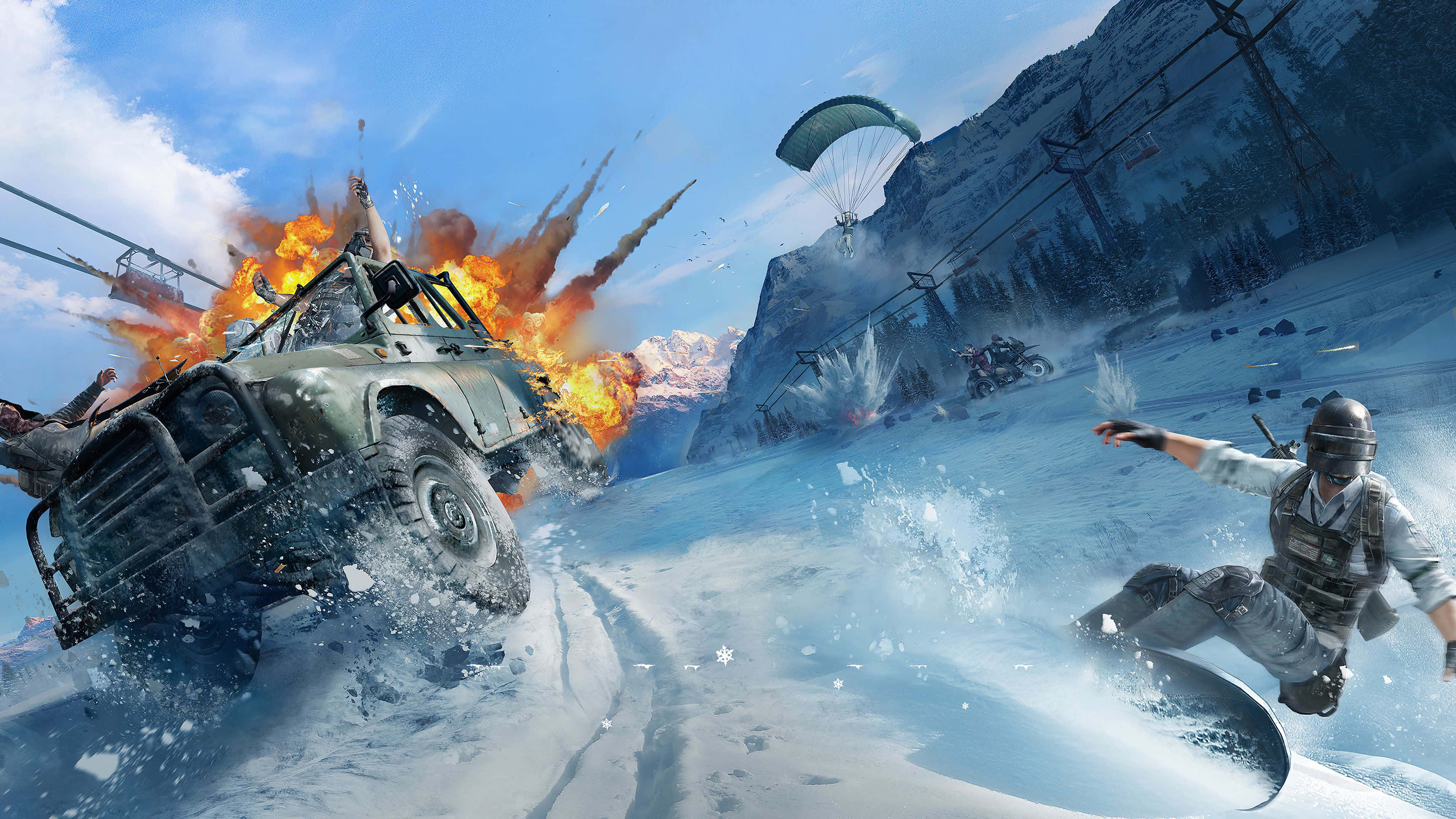 Winter Games 桌布 壁紙 — 一名士兵在明亮的藍天下，在白雪覆蓋的山地戰場上滑雪板經過一輛爆炸的軍用車輛。