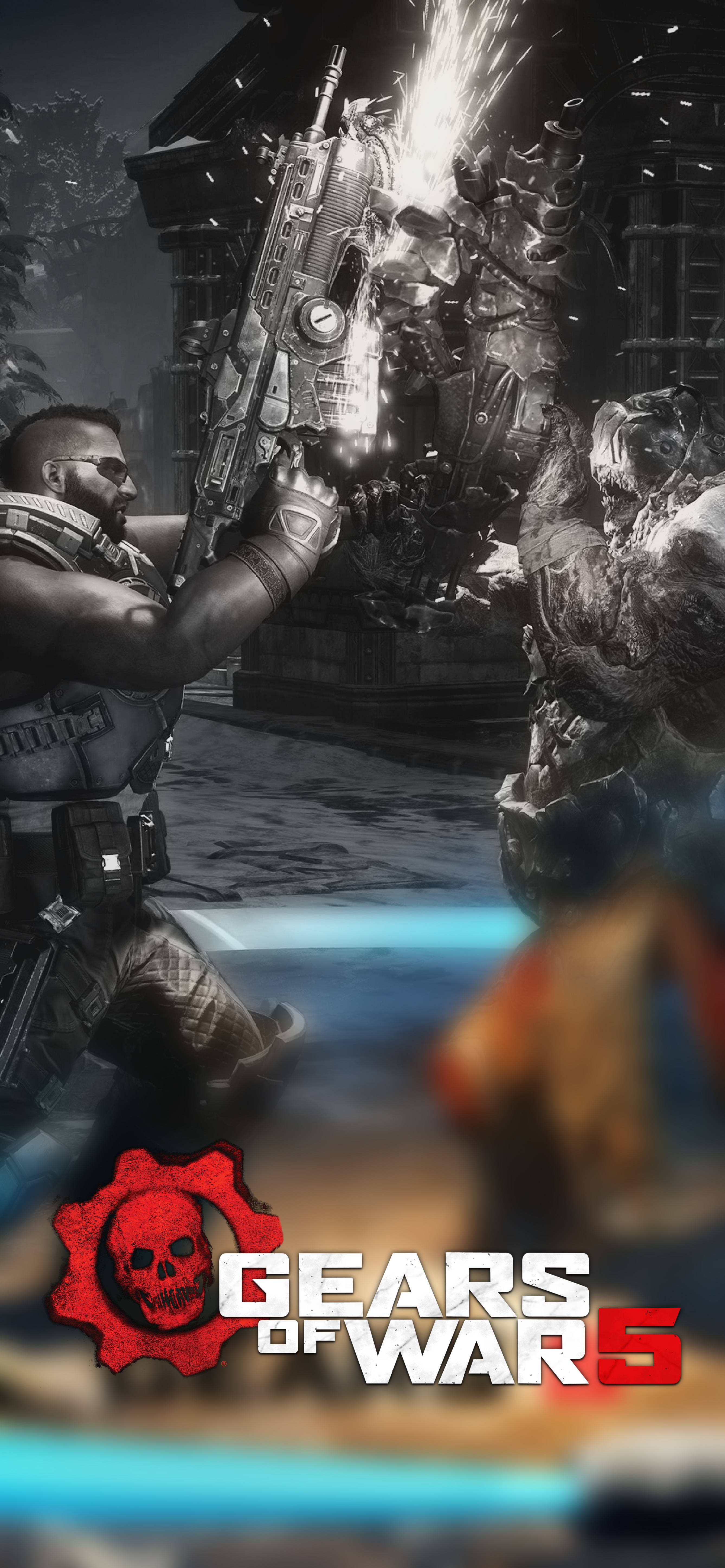gears 5 iPhone 桌布 壁紙 — 一名士兵在火花四濺的 gritty 城市戰場上，向一個怪物般的敵人發射發光武器。