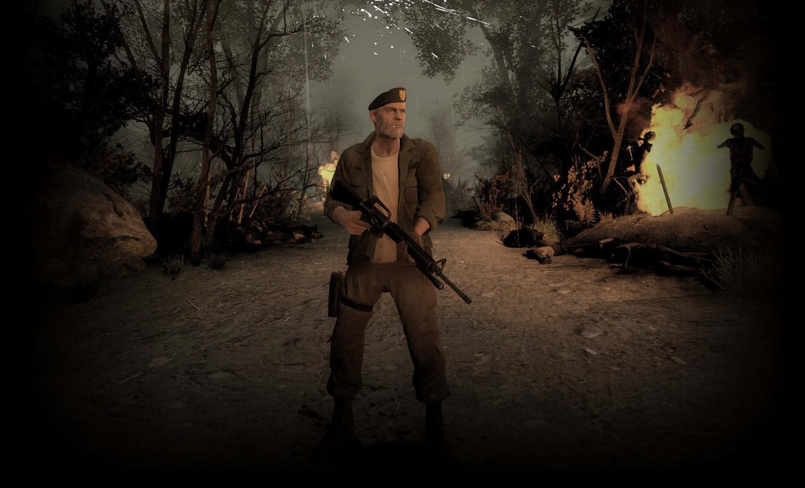 Left 4 Dead Characters 桌布 壁紙 — 一名士兵在煙霧瀰漫的森林空地中保持警覺，身後火焰中湧出喪屍。
