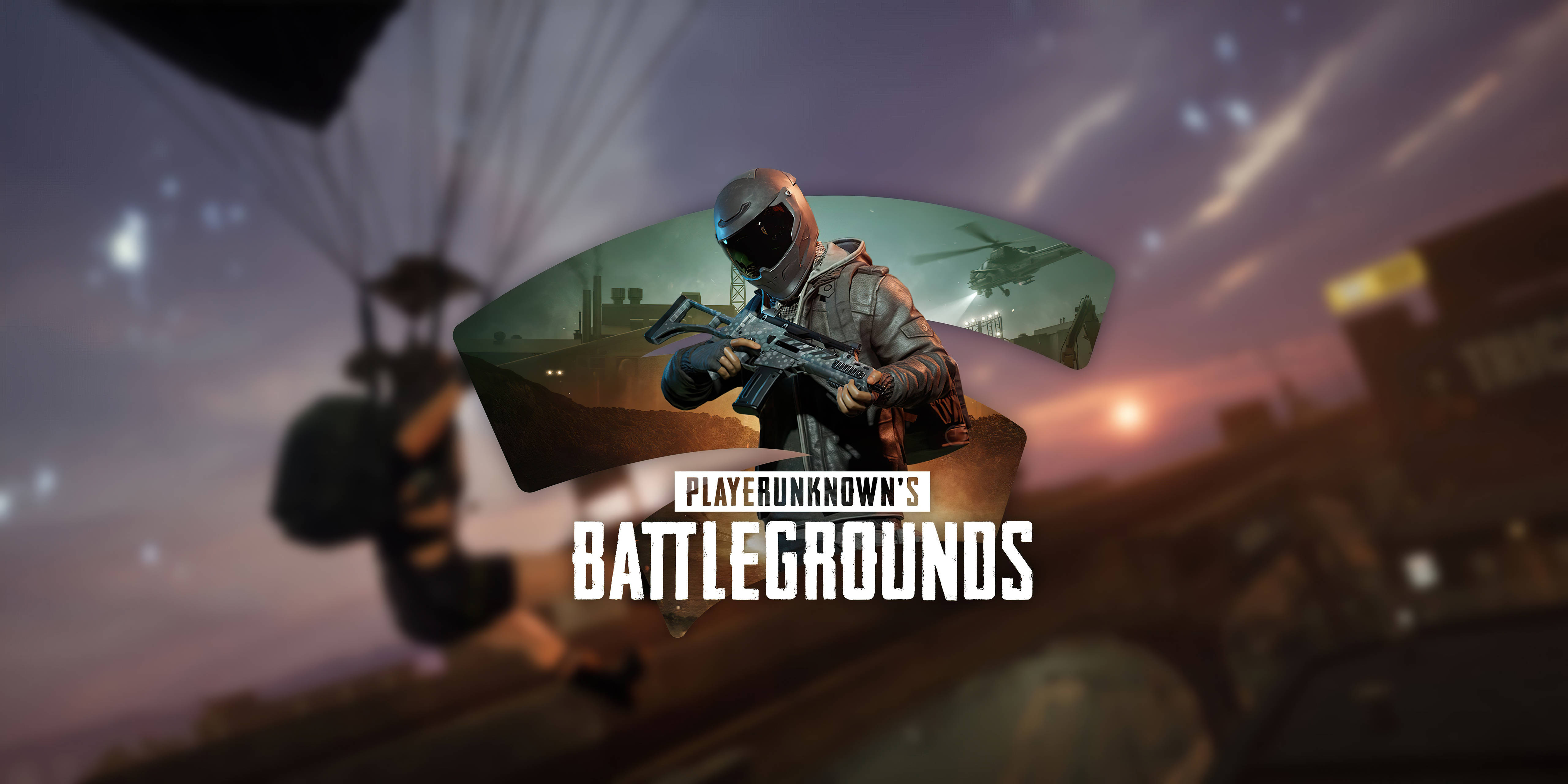 PUBG 桌布 壁紙 — 一名士兵在熾熱的日落時分跳傘進入戰區，一架直升機在頭頂飛過。