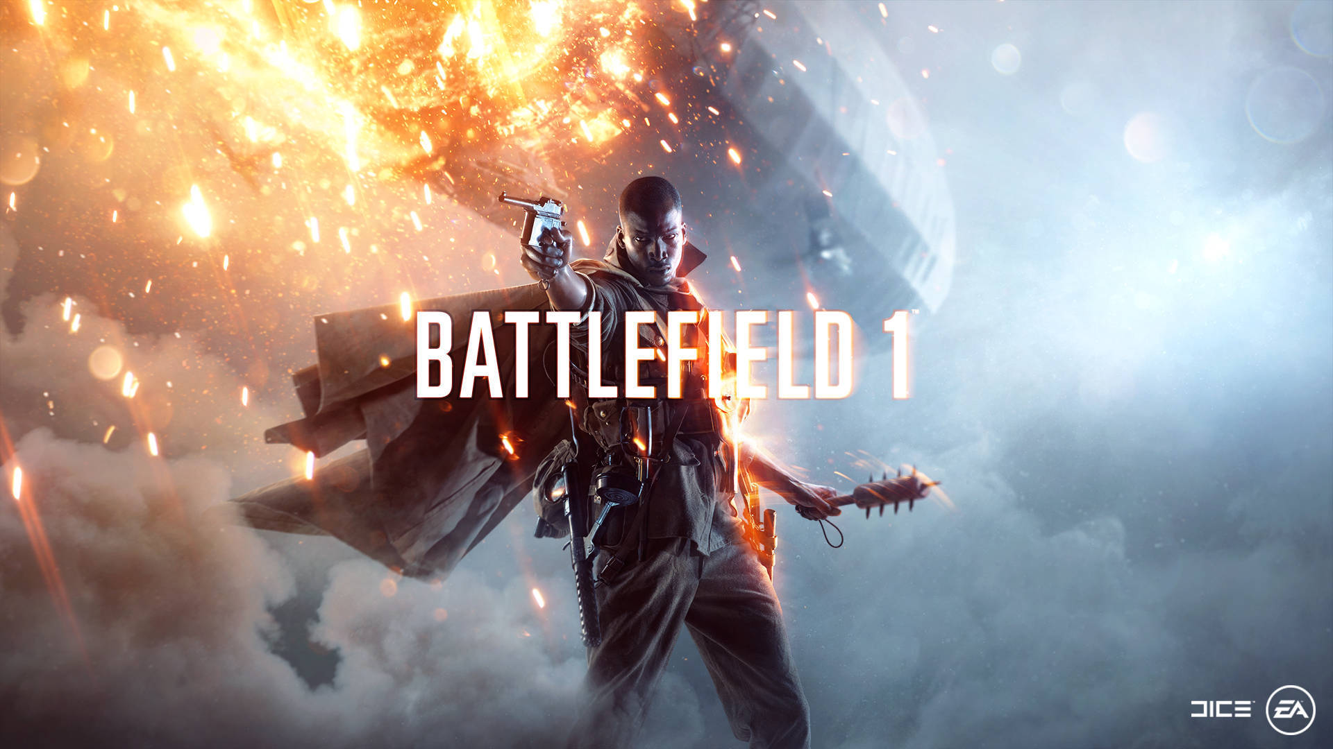 Battlefield 1 HD 桌布 壁紙 — 一名士兵在熾熱的爆炸和煙霧中挑釁地站立，手持手槍和手榴彈。