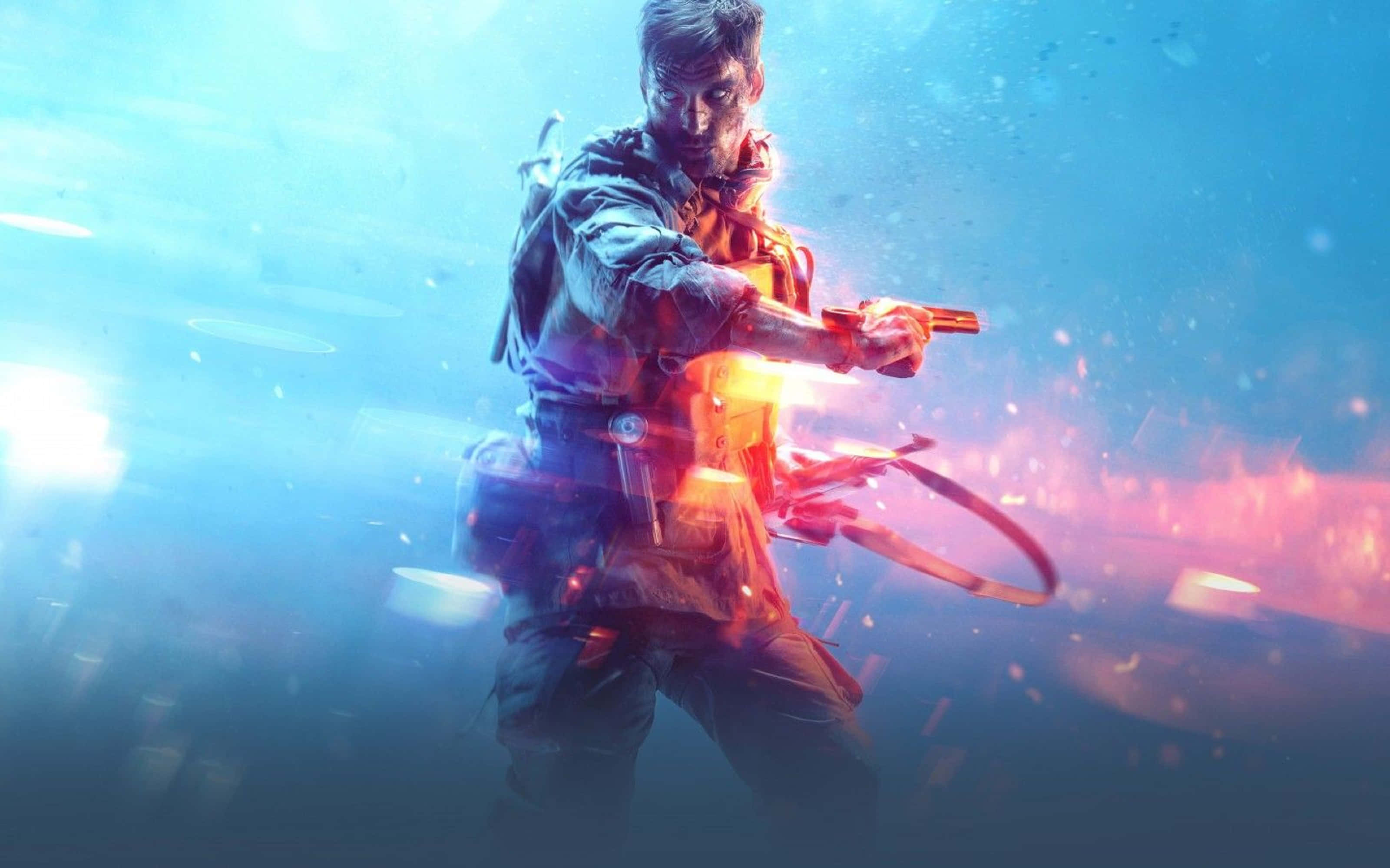 4K Pc Monitor 桌布 壁紙 — 一名士兵在藍色迷霧中於水下發射發光武器，周圍有漂浮碎片和火焰般的光效。