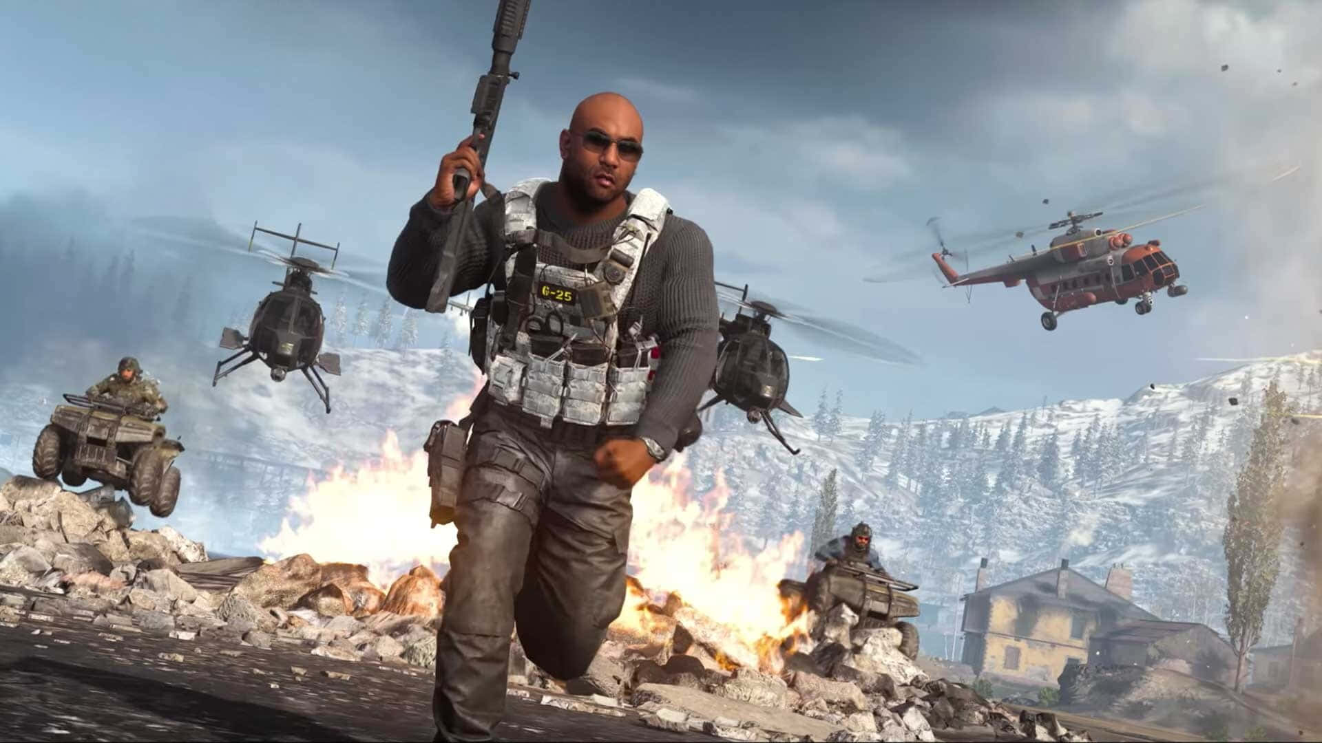 Call Of Duty Battles 桌布 壁紙 — 一名士兵在雪地戰場上奔跑，直升機和全地形車在燃燒的殘骸和雪山中戰鬥。