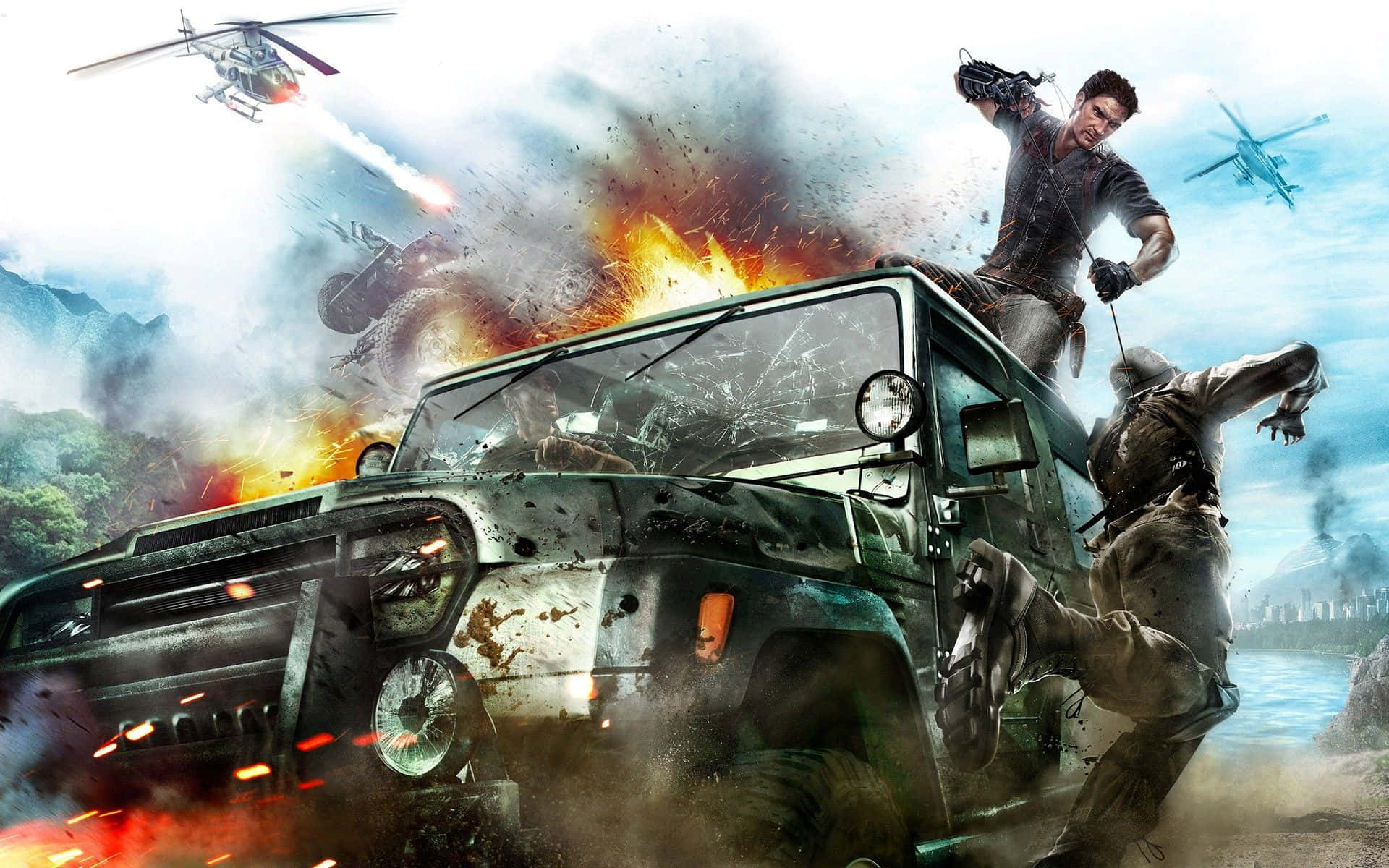 Action Games 桌布 壁紙 — 一名士兵從燃燒的軍用吉普車上跳下，直升機在頭頂開火，呈現混亂的叢林戰爭場景。