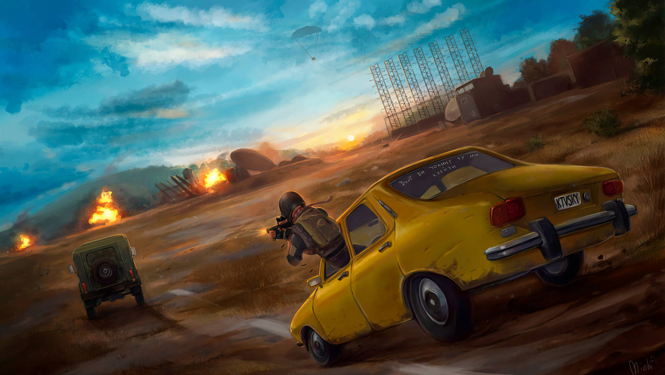 PUBG 桌布 壁紙 — 一名士兵從黃色汽車開火，綠色吉普車後方發生爆炸，背景是戲劇性的日落天空。