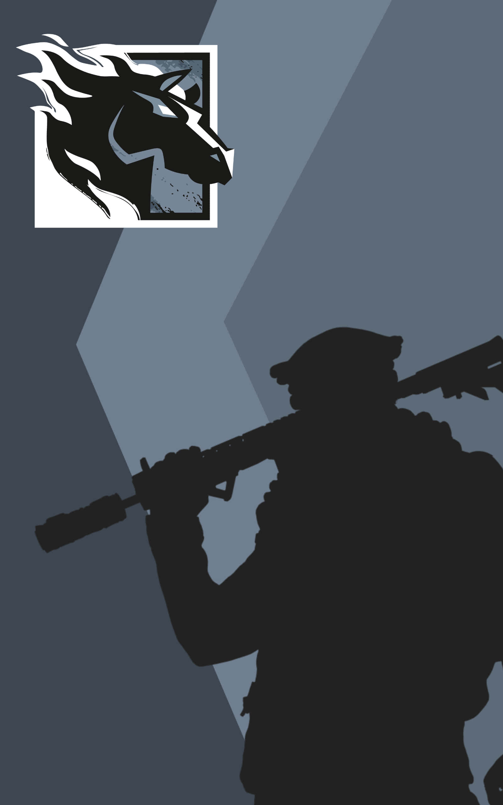 Rainbow Six Siege Maverick 桌布 壁紙 — 一名士兵持步槍的剪影，背景為幾何藍灰色，帶有火焰馬標誌。