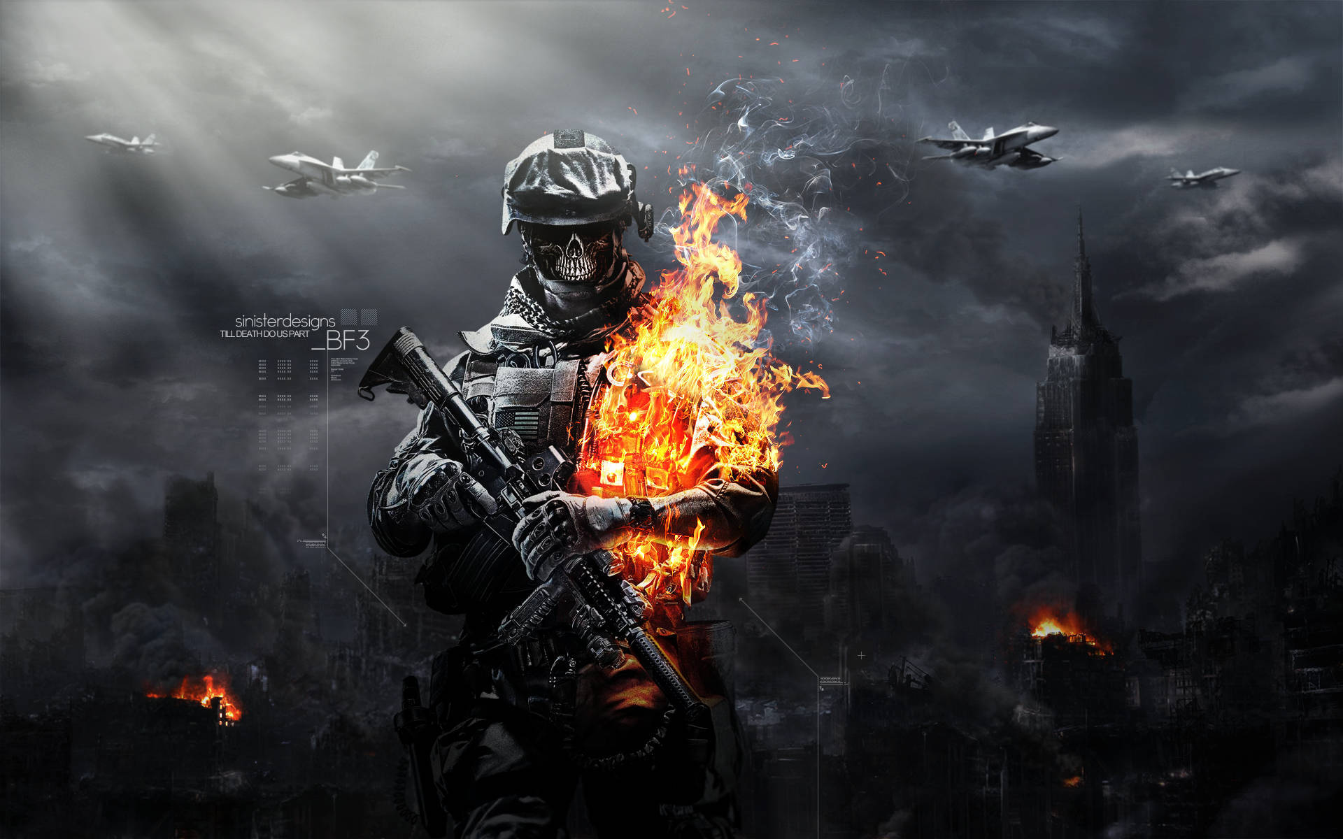 Battlefield 1 HD 桌布 壁紙 — 一名士兵燃燒著軀幹，在戰火摧殘的城市中挑釁地站立，戰鬥機在暴風雨的天空下飛過頭頂。