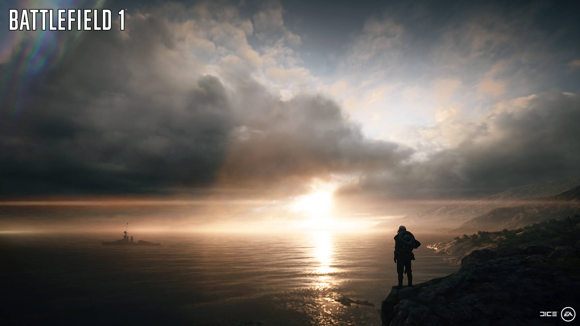 Battlefield 1 HD 桌布 壁紙 — 一名士兵獨自站在懸崖邊，看著陽光穿透烏雲，照耀在霧氣瀰漫的海面上，遠處有一艘船。