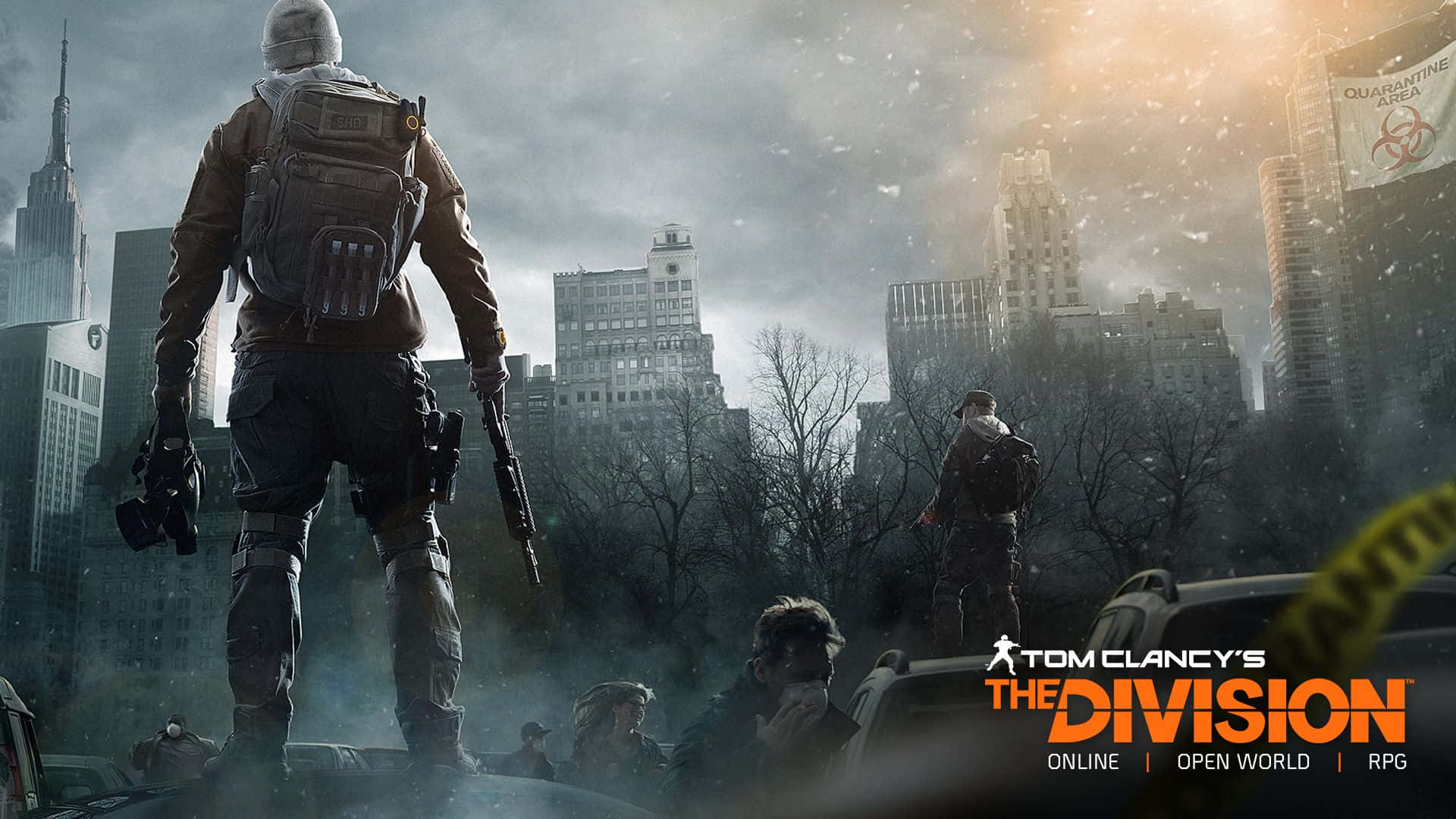 Open-world Games 桌布 壁紙 — 一名士兵站在汽車上，身處被雪覆蓋、毀壞的紐約市景中，天空陰沉，掛有隔離橫幅。