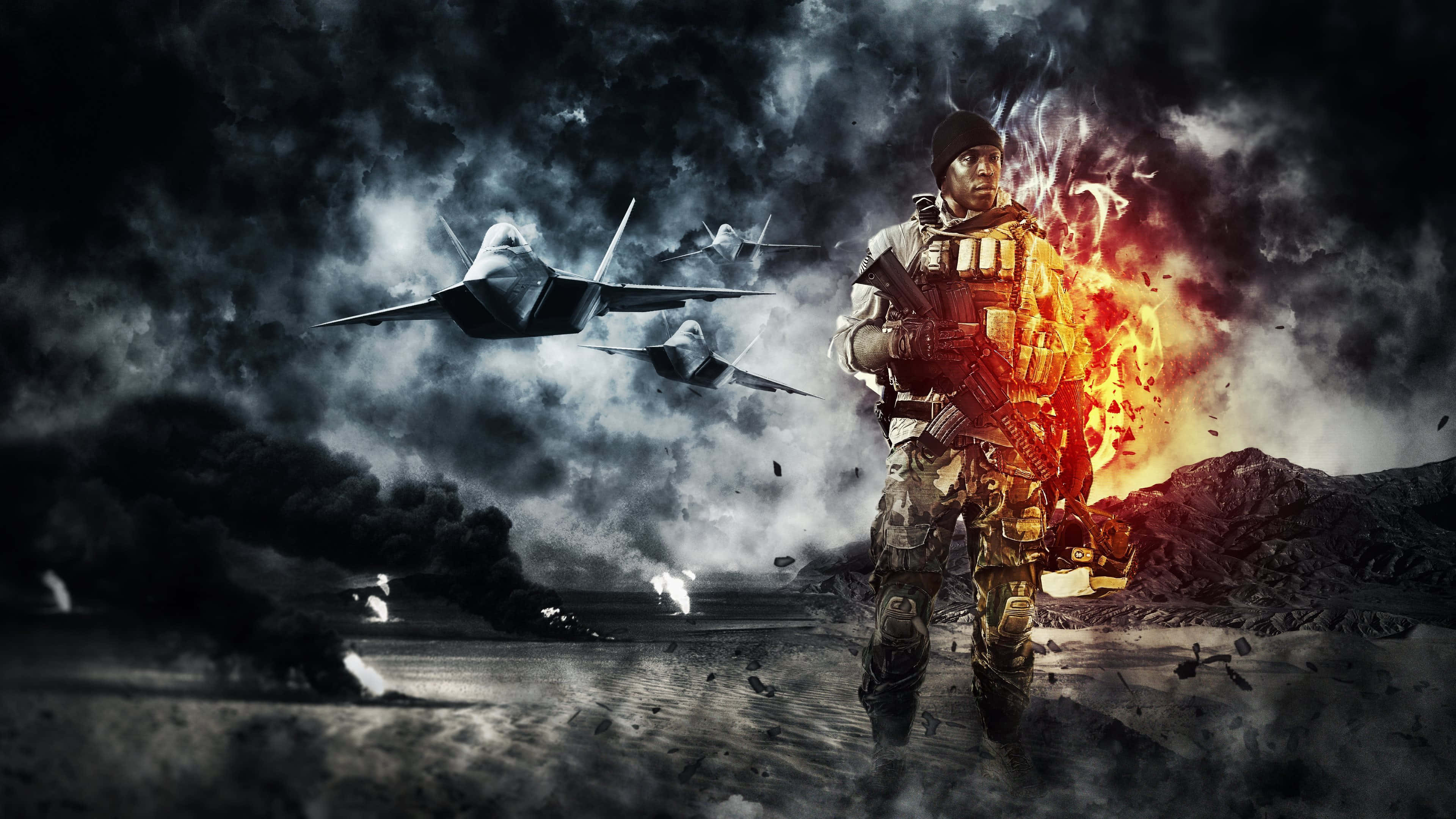 4K Ultra HD 桌布 壁紙 — 一名士兵站在熾熱爆炸之中，戰鬥機在暴風雨般的戰場天空中呼嘯而過。
