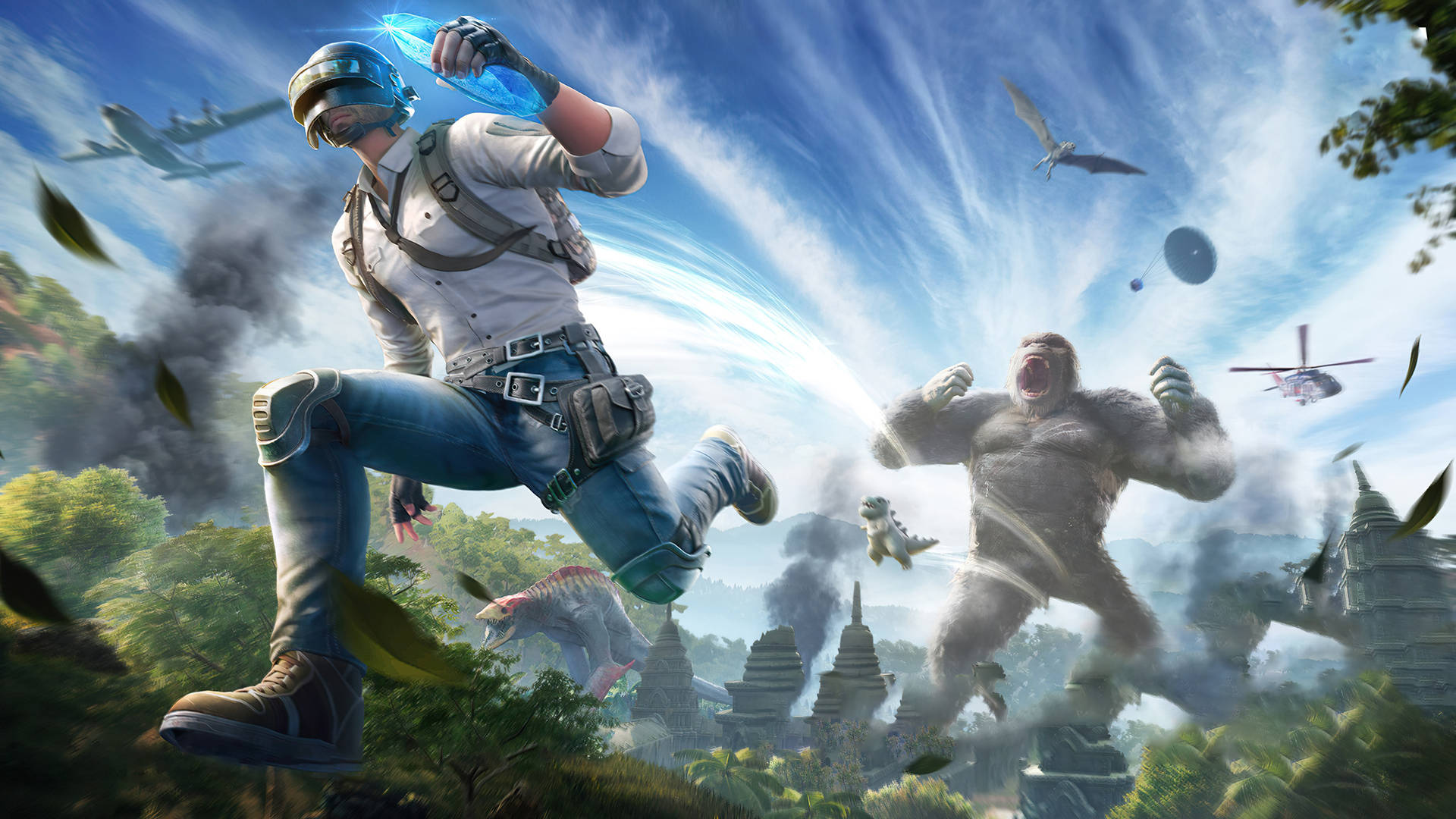 PUBG 桌布 壁紙 — 一名士兵跳過叢林天空，而一隻巨猿在古老寺廟下方咆哮，周圍有飛行車輛和恐龍。