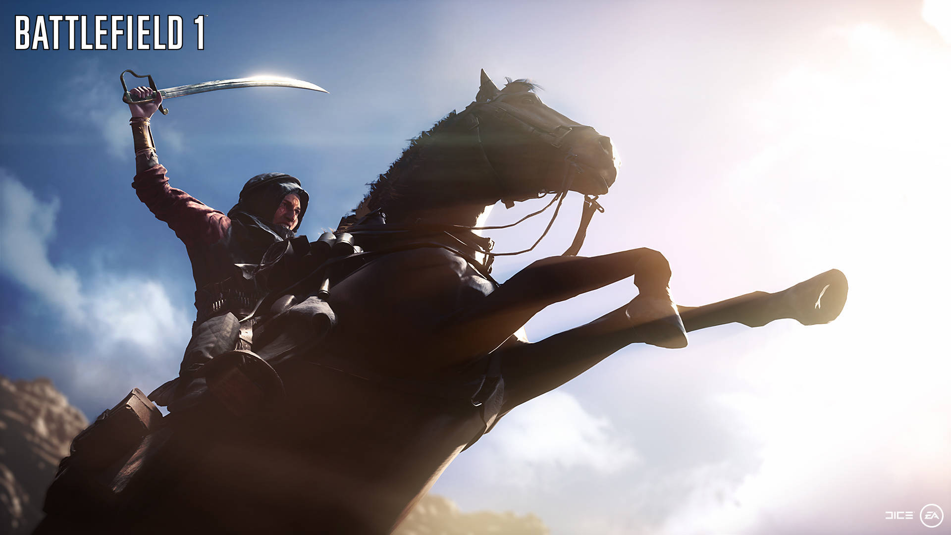 Battlefield 1 HD 桌布 壁紙 — 一名士兵騎在騰躍的馬上，舉起彎刀，映襯著明亮的天空，構成戲劇性的戰場場景。