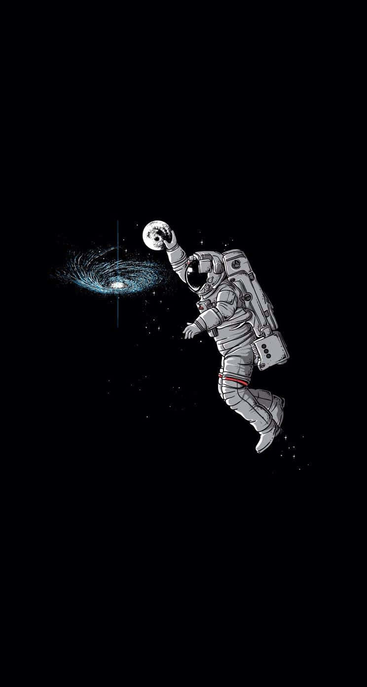Imaginative 桌布 壁紙 — 一名太空人在太空中漂浮，在黑色虛空背景下，手持一個發光球體，靠近一個旋轉的藍色星系。