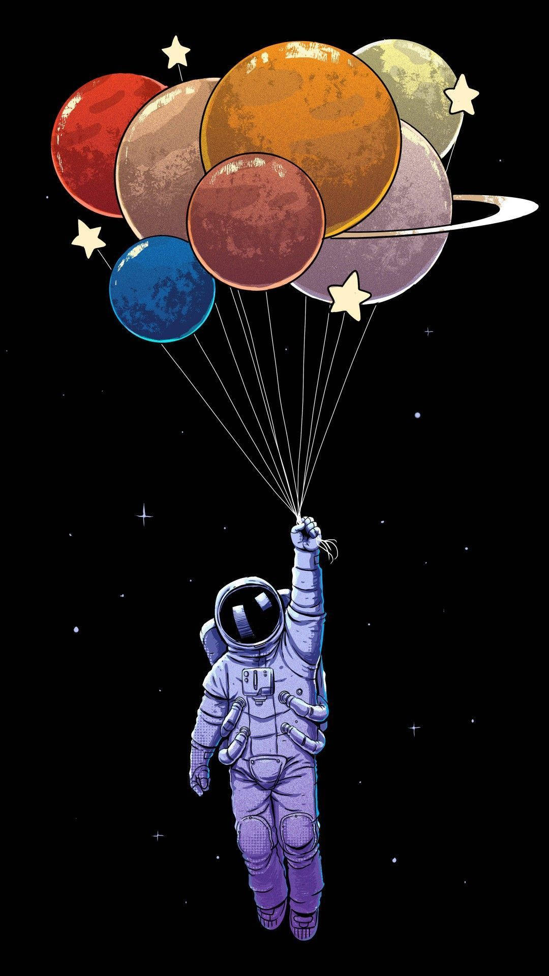 太空人在太空中漂浮，手持行星氣球，背景有星星。 — 太空 iPhone 動態圖 壁紙