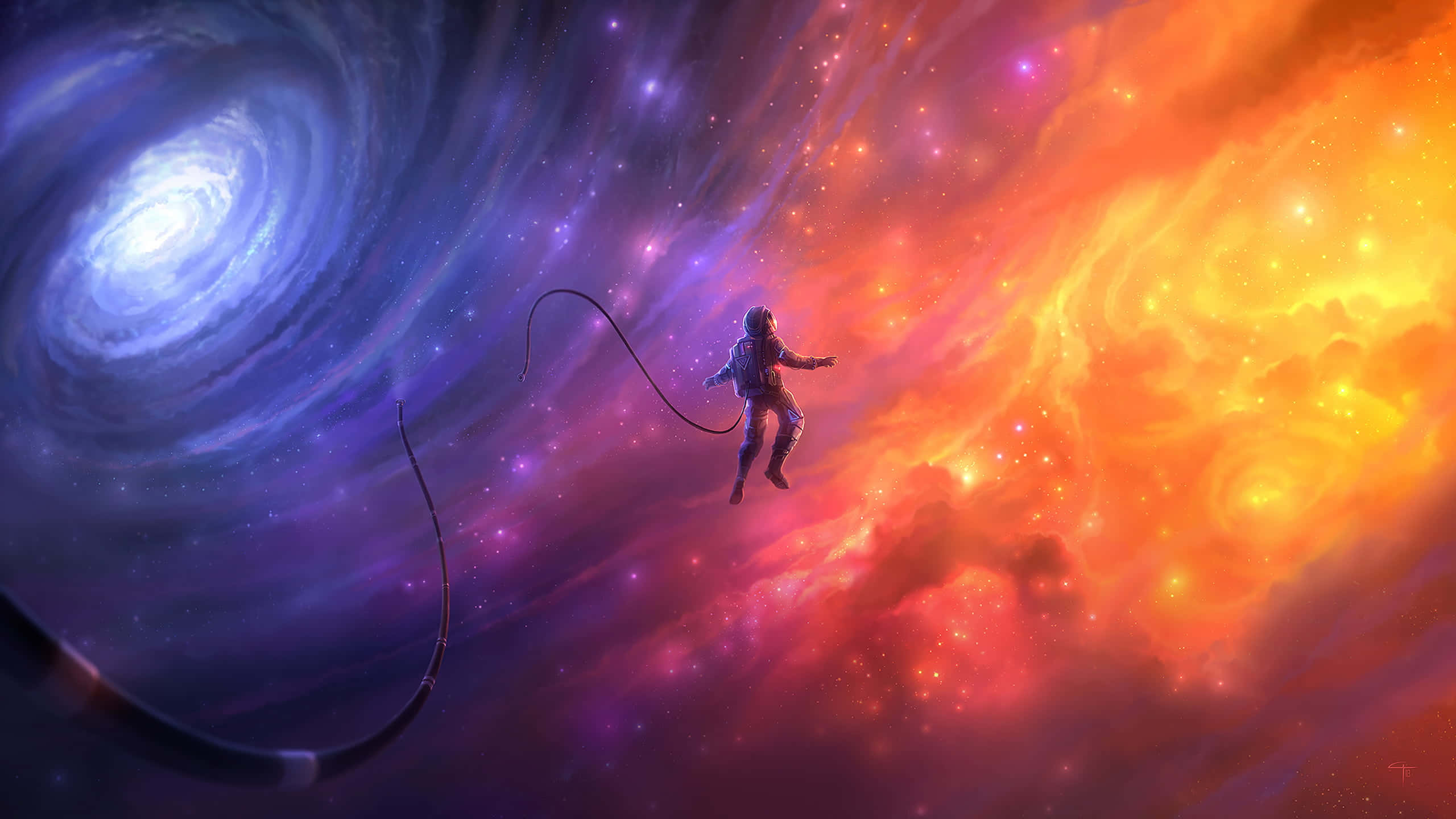 Galaxy Themed Paintings 桌布 壁紙 — 一名太空人在旋轉的藍色星系與熾熱的橙色星雲之間漂浮，由一條彎曲的纜繩繫著。